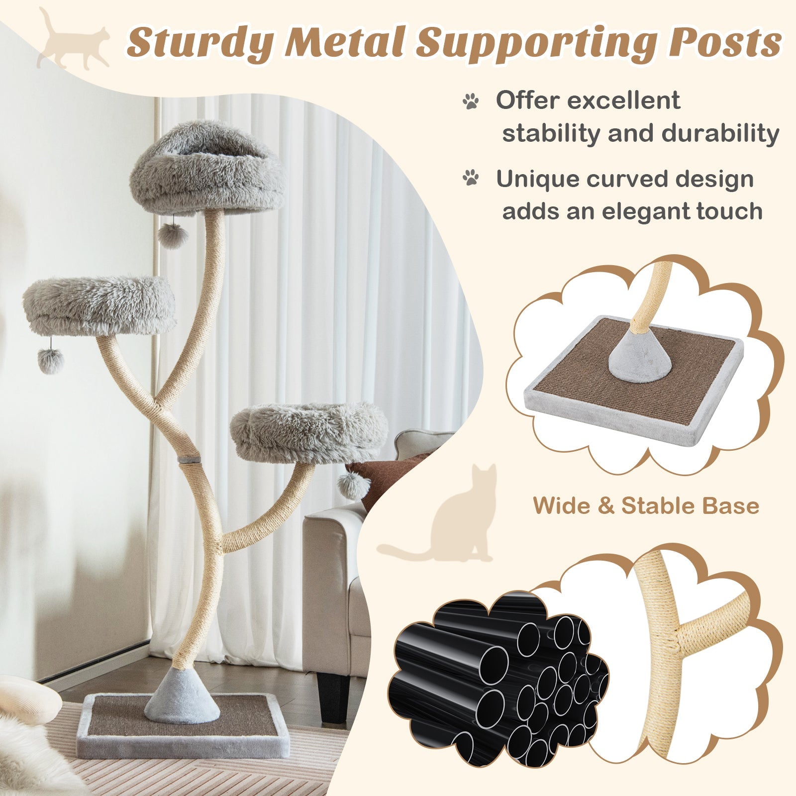 70 Inch Tall Cat Tree 4-Layer Cat Tower with 3 Perches and Dangling Balls-Gray