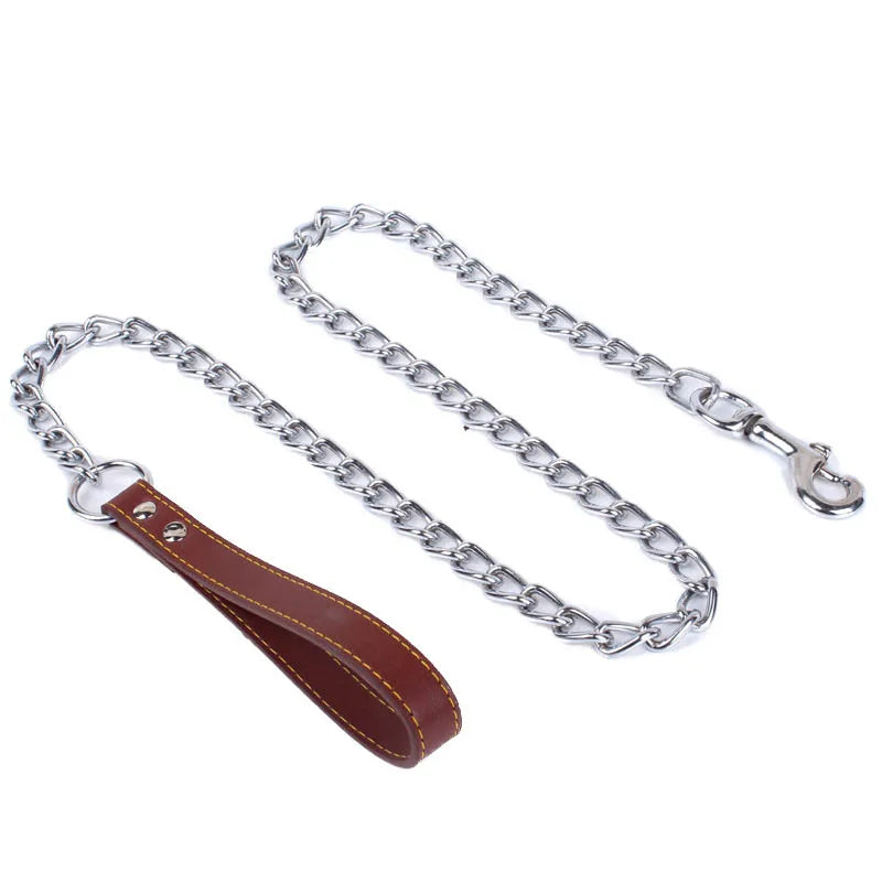 Durable Pet Dog Chain Metal Leash For Small Medium Dog PU Handle Leather Iron Chain Leash Anti-Bite Chain Dog Accessories Coffee