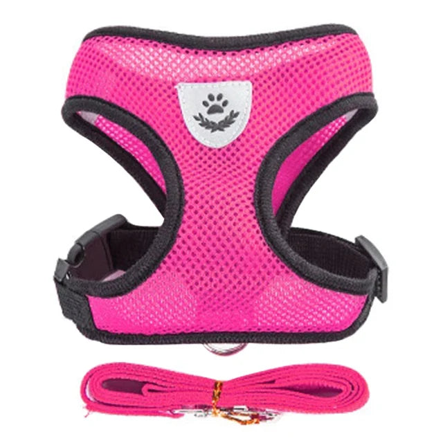 Adjustable Mesh Cat & Small Dog Harness Vest with 1.2m Leash S-XL Breathable Polyester Reflective Rose Red