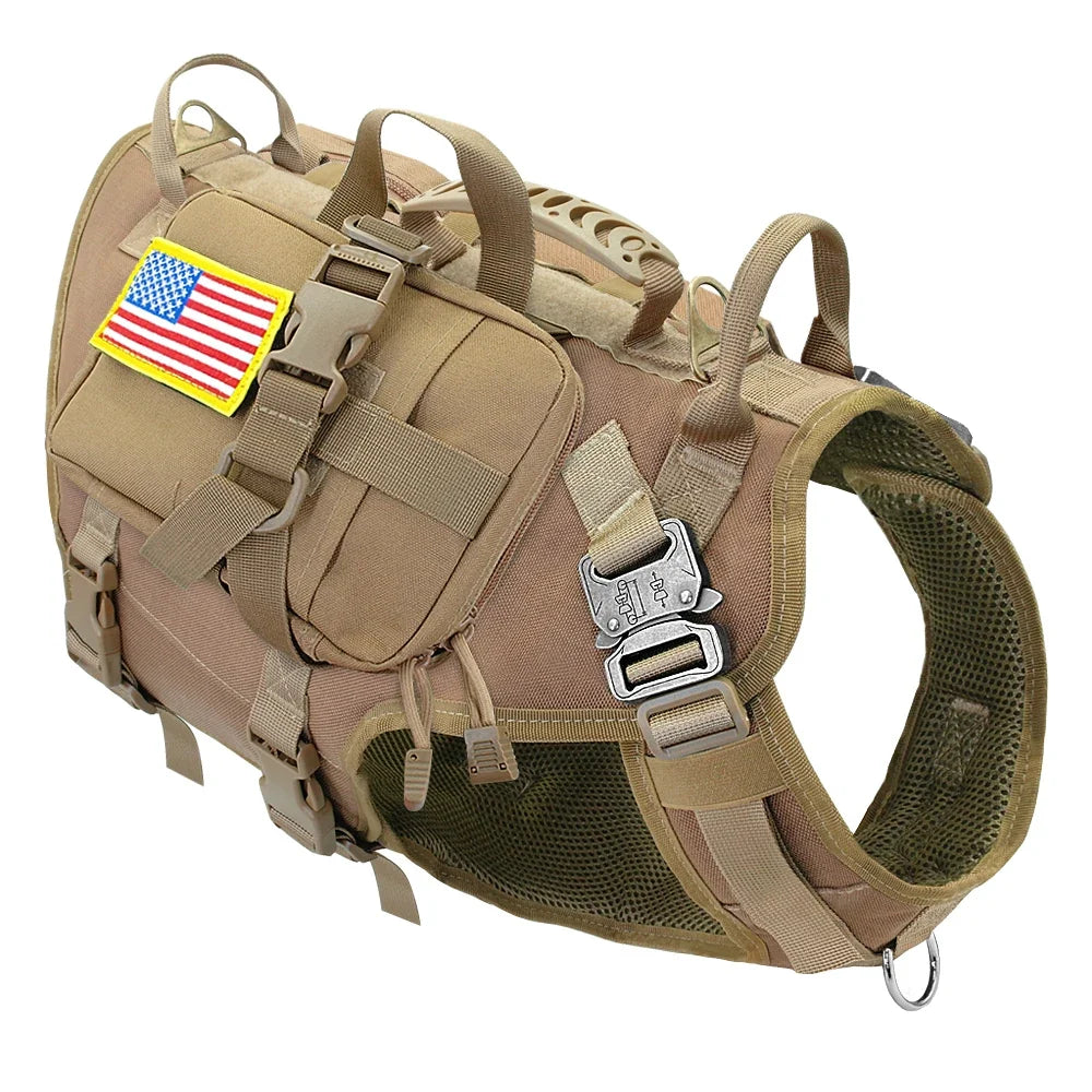 Tactical Dog Harness Military No Pull Pet Harness Vest For Medium Large Dogs Training Hiking Molle Dog Harness With Pouches Khaki with bag Chest 55-80cm