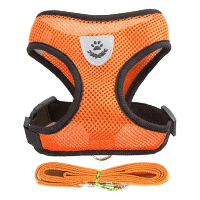 Adjustable Mesh Cat & Small Dog Harness Vest with 1.2m Leash S-XL Breathable Polyester Reflective Orange