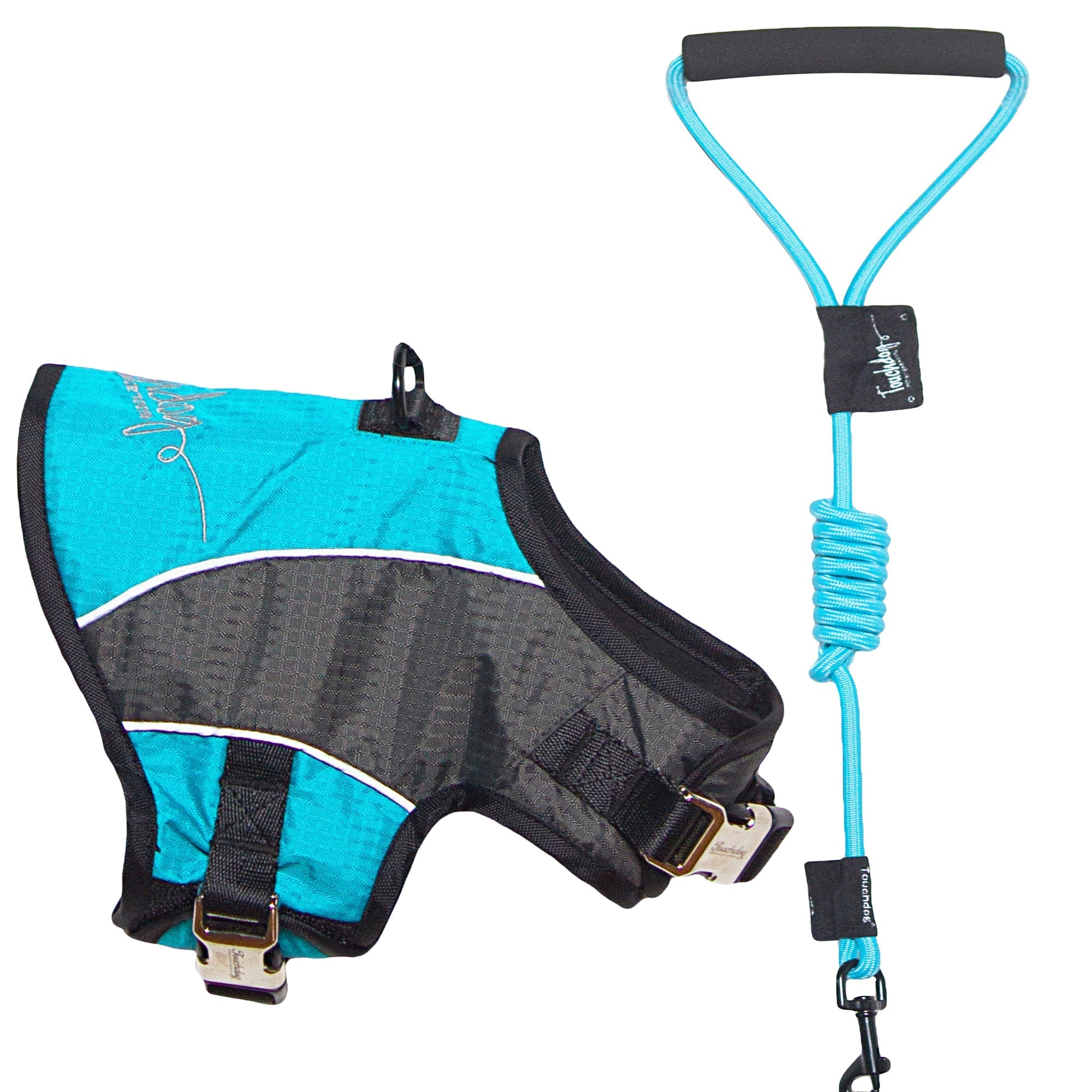 Touchdog ® 'Reflective-Max' 2-in-1 Performance Dog Harness and Leash Turquoise Blue, Charcoal Grey