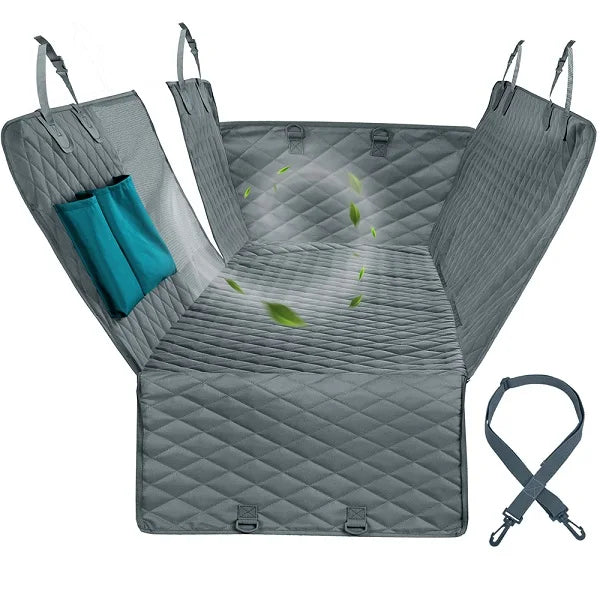 Waterproof Dog Car Seat Cover Hammock — Rear Back Seat Protector with Mesh Window, Non-Slip & Seat Belt Openings — Standard (56.3x59.8 in / 143x152 cm) & X-Large (60.2x63.8 in / 153x162 cm) Grey
