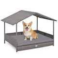 Wicker Dog House Elevated PE Rattan Dog Bed with Canopy-Gray