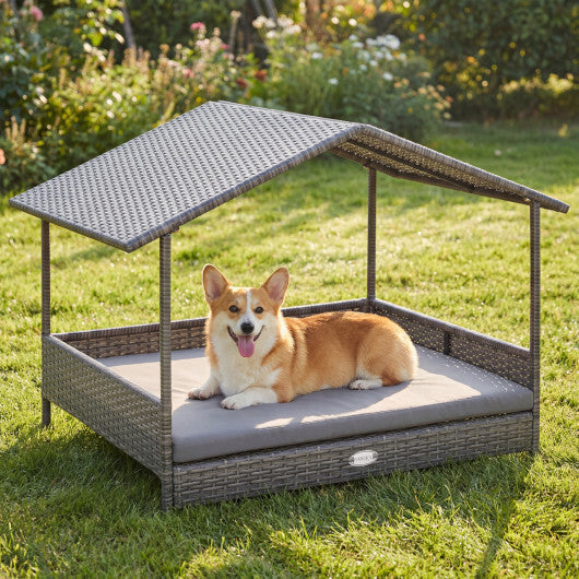 Wicker Dog House Elevated PE Rattan Dog Bed with Canopy-Gray