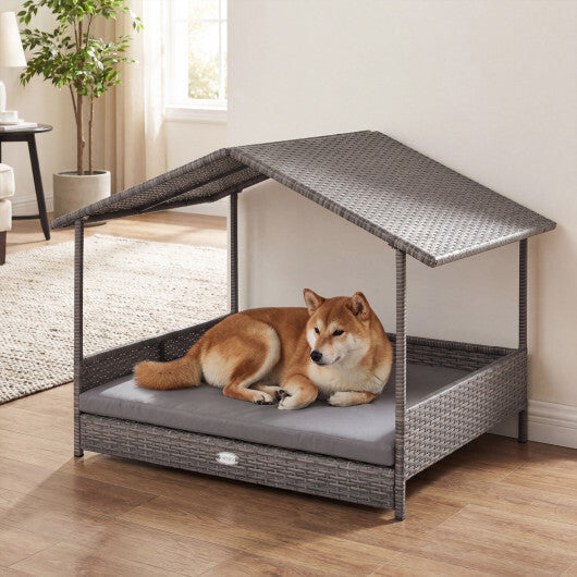Wicker Dog House Elevated PE Rattan Dog Bed with Canopy-Gray