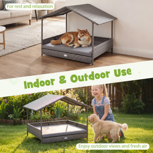 Wicker Dog House Elevated PE Rattan Dog Bed with Canopy-Gray