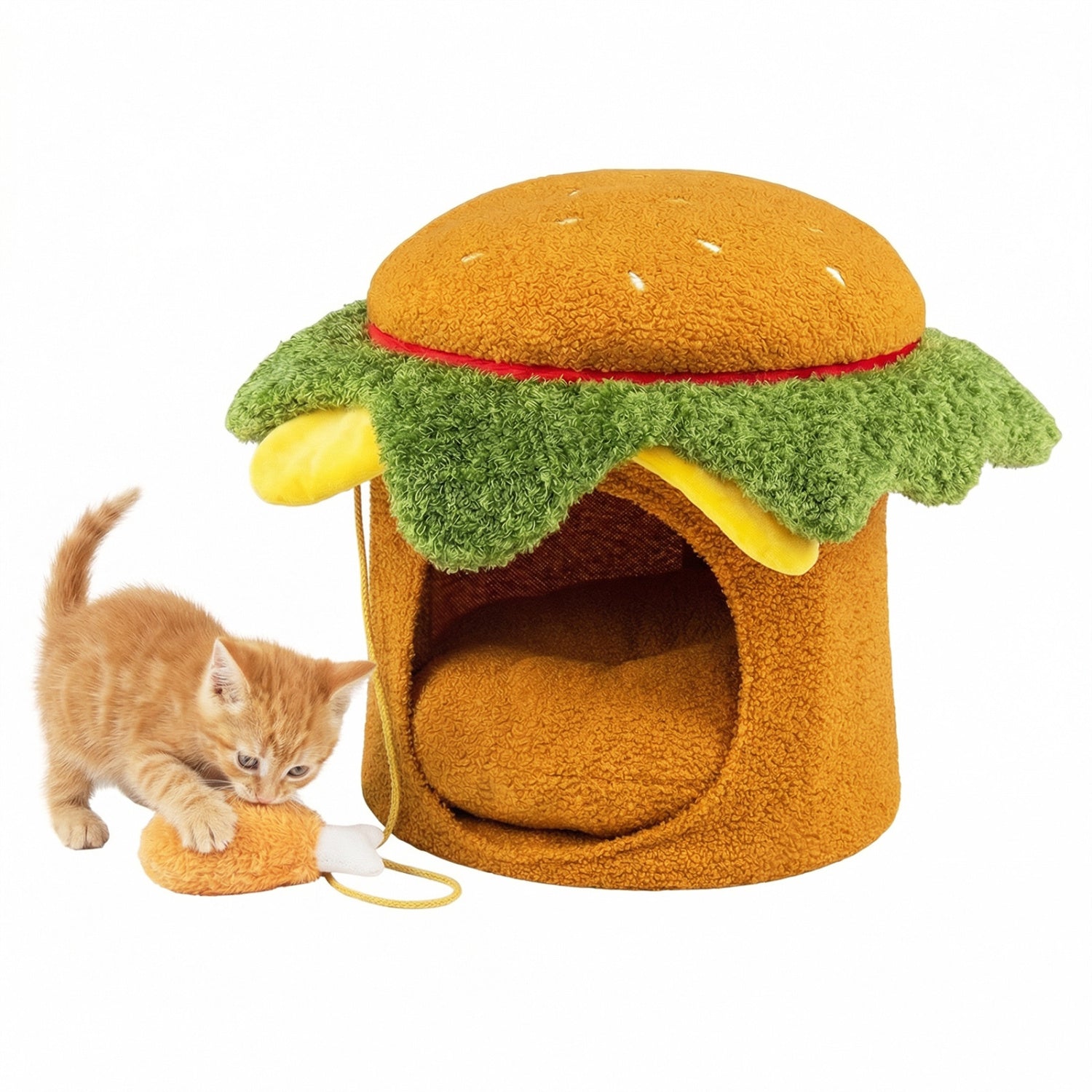 Hamburger Cat Nest with Chicken Drumstick Toy and Removable Cushion for Indoor Cats