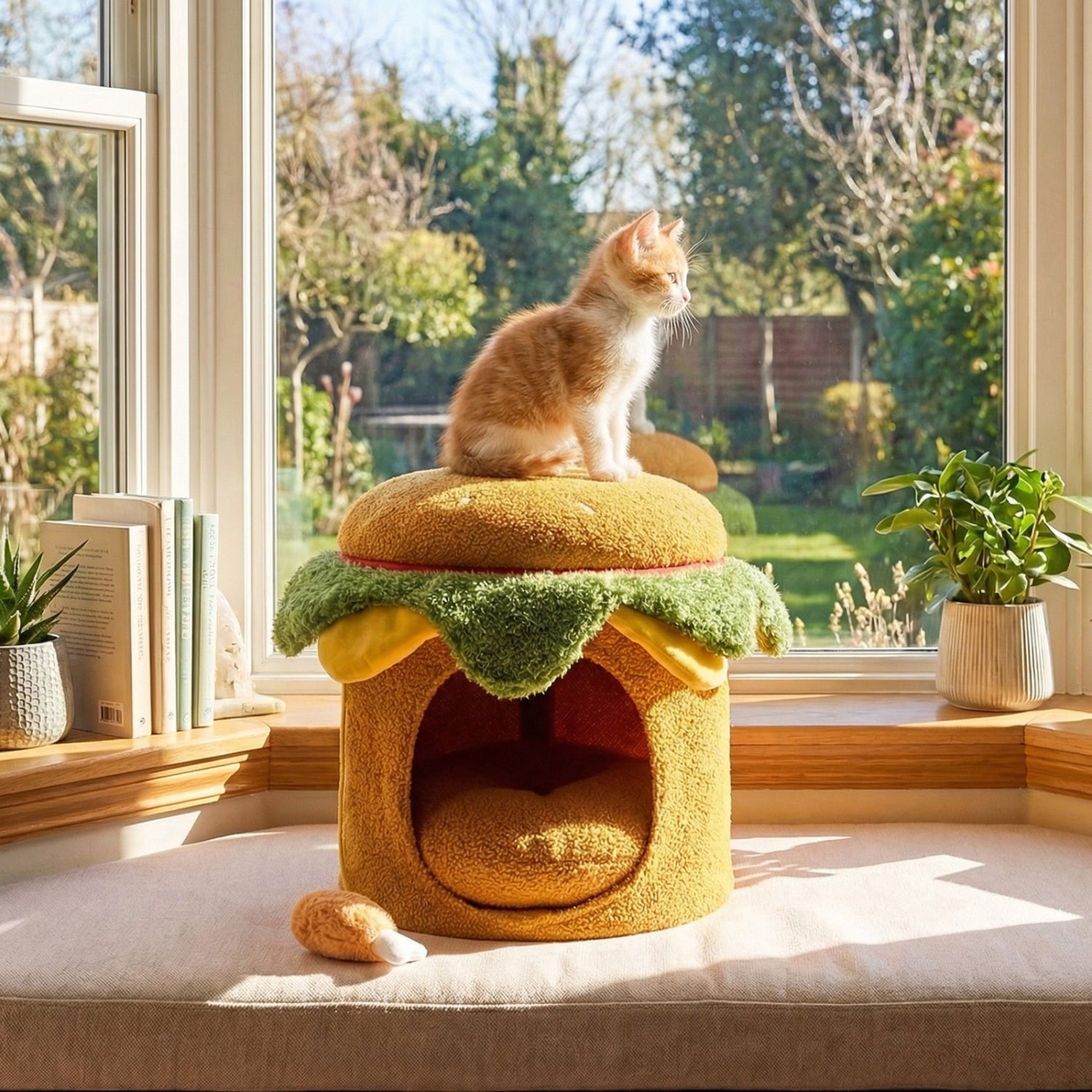 Hamburger Cat Nest with Chicken Drumstick Toy and Removable Cushion for Indoor Cats