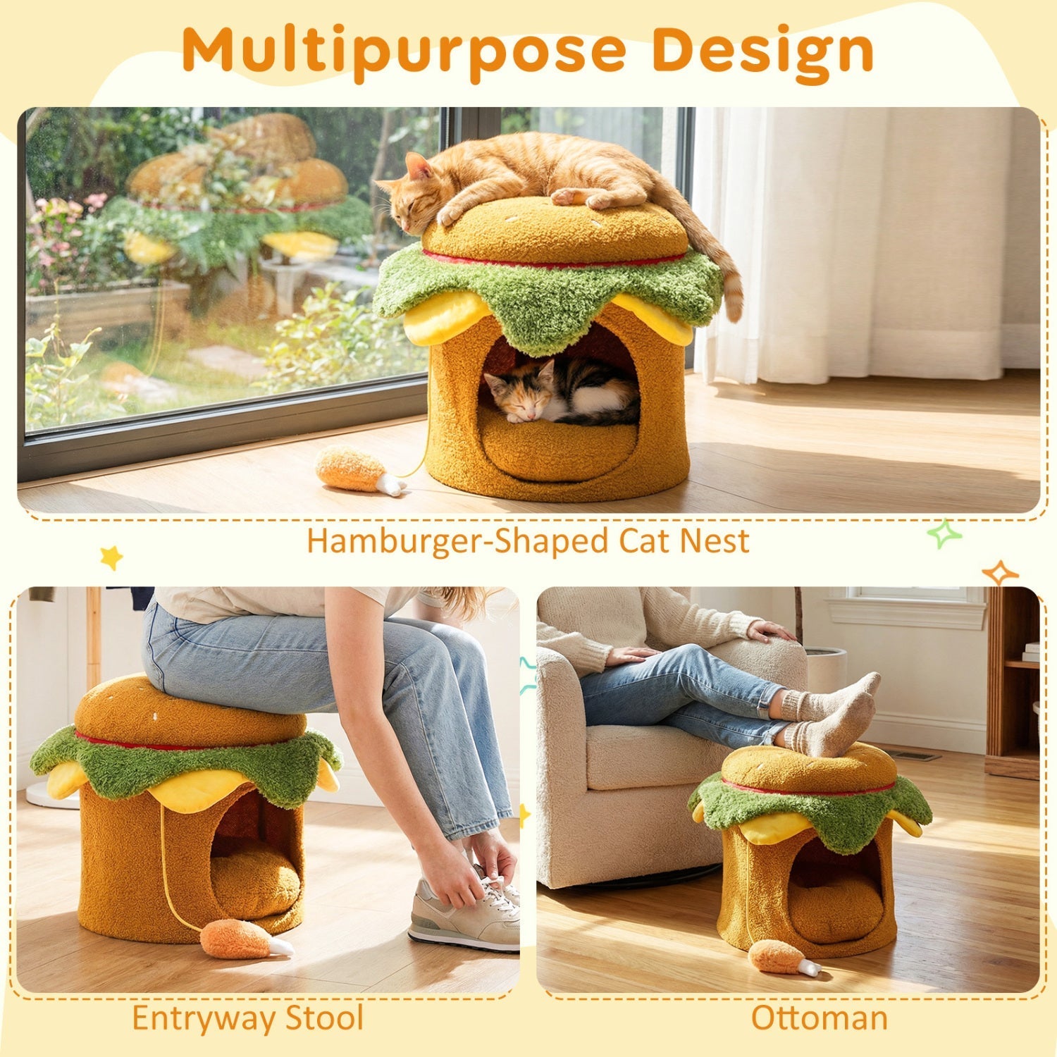 Hamburger Cat Nest with Chicken Drumstick Toy and Removable Cushion for Indoor Cats