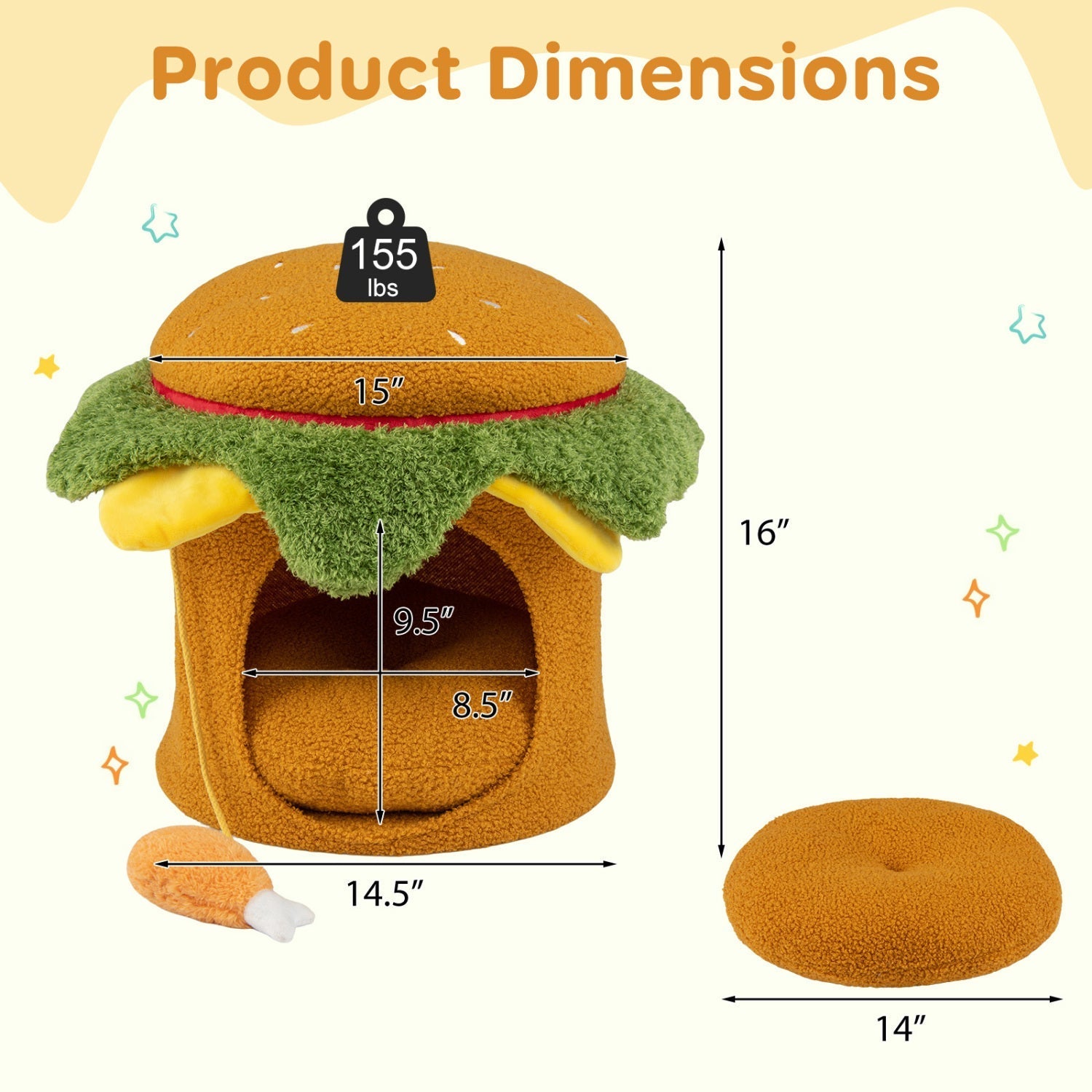 Hamburger Cat Nest with Chicken Drumstick Toy and Removable Cushion for Indoor Cats