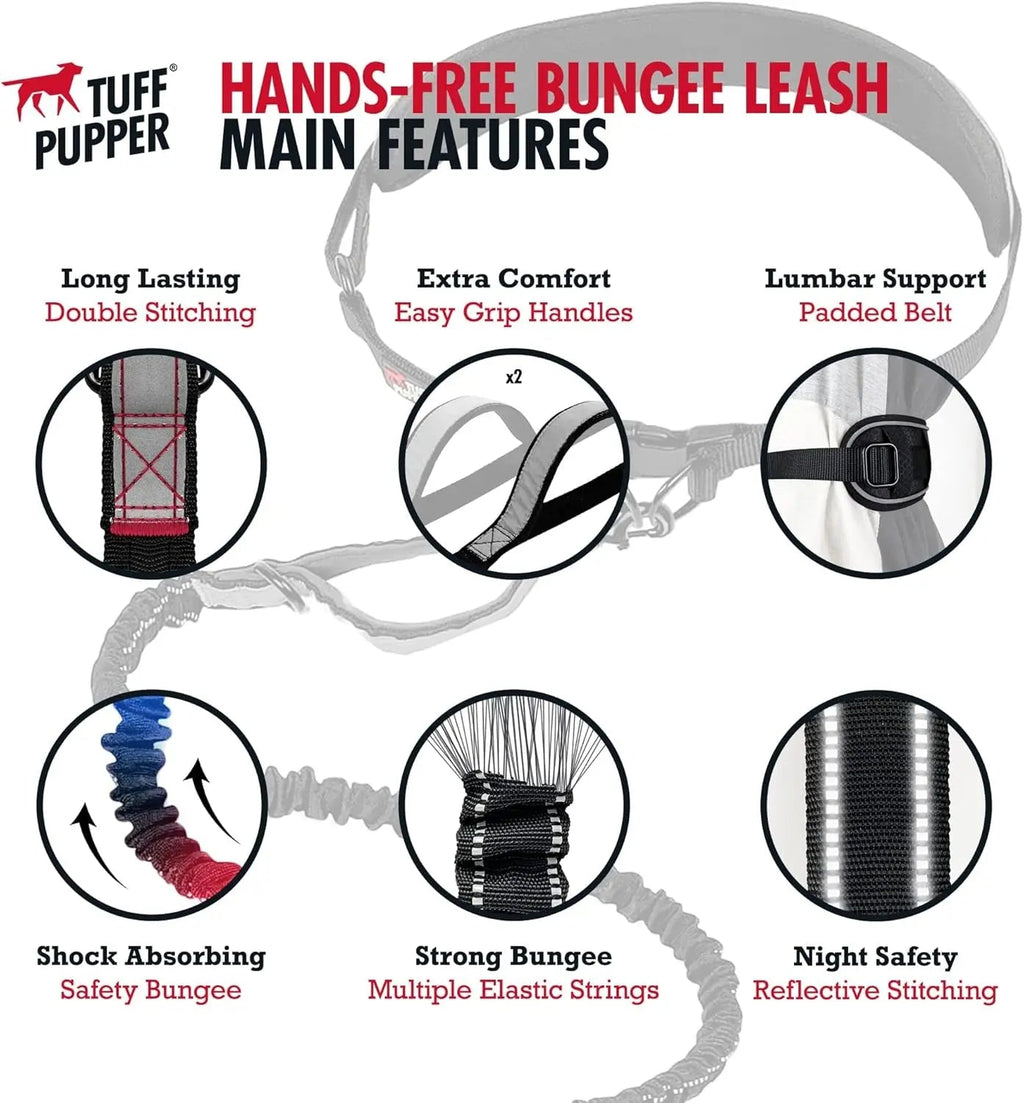 Hands Free Dog Leash Heavy Duty Bungee Waist Belt Reflective Training One - Large Dog (45-125 Pounds)