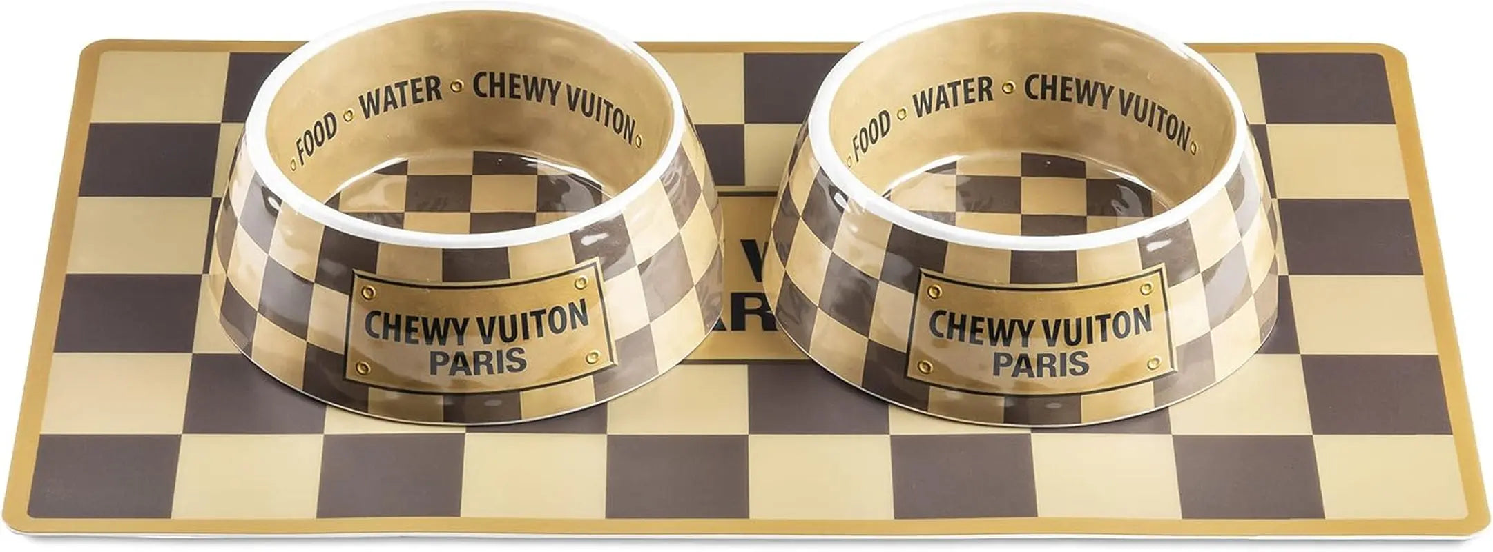 Haute Diggity Dog Chewy Vuiton Dog Bowl Set | BPA-Free, Non-Skid (2-Pack) Brown Cv Bowls + Mat