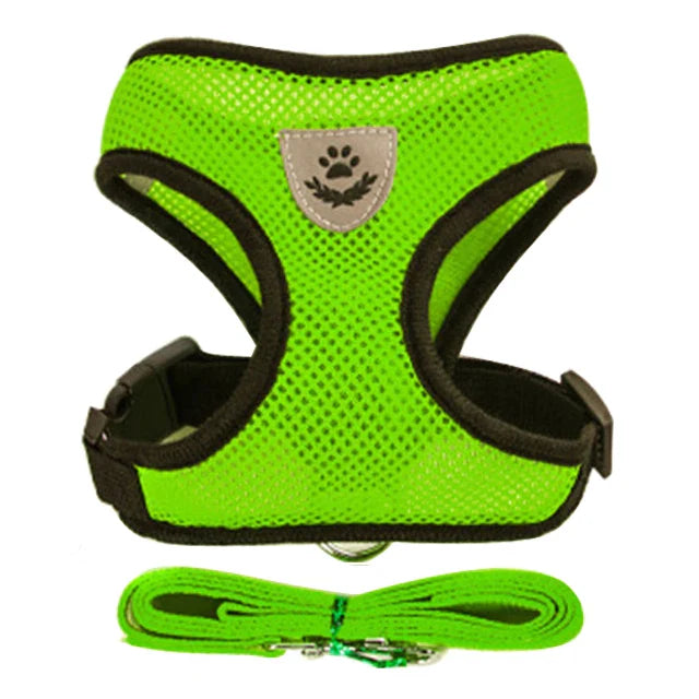 Adjustable Mesh Cat & Small Dog Harness Vest with 1.2m Leash S-XL Breathable Polyester Reflective Green