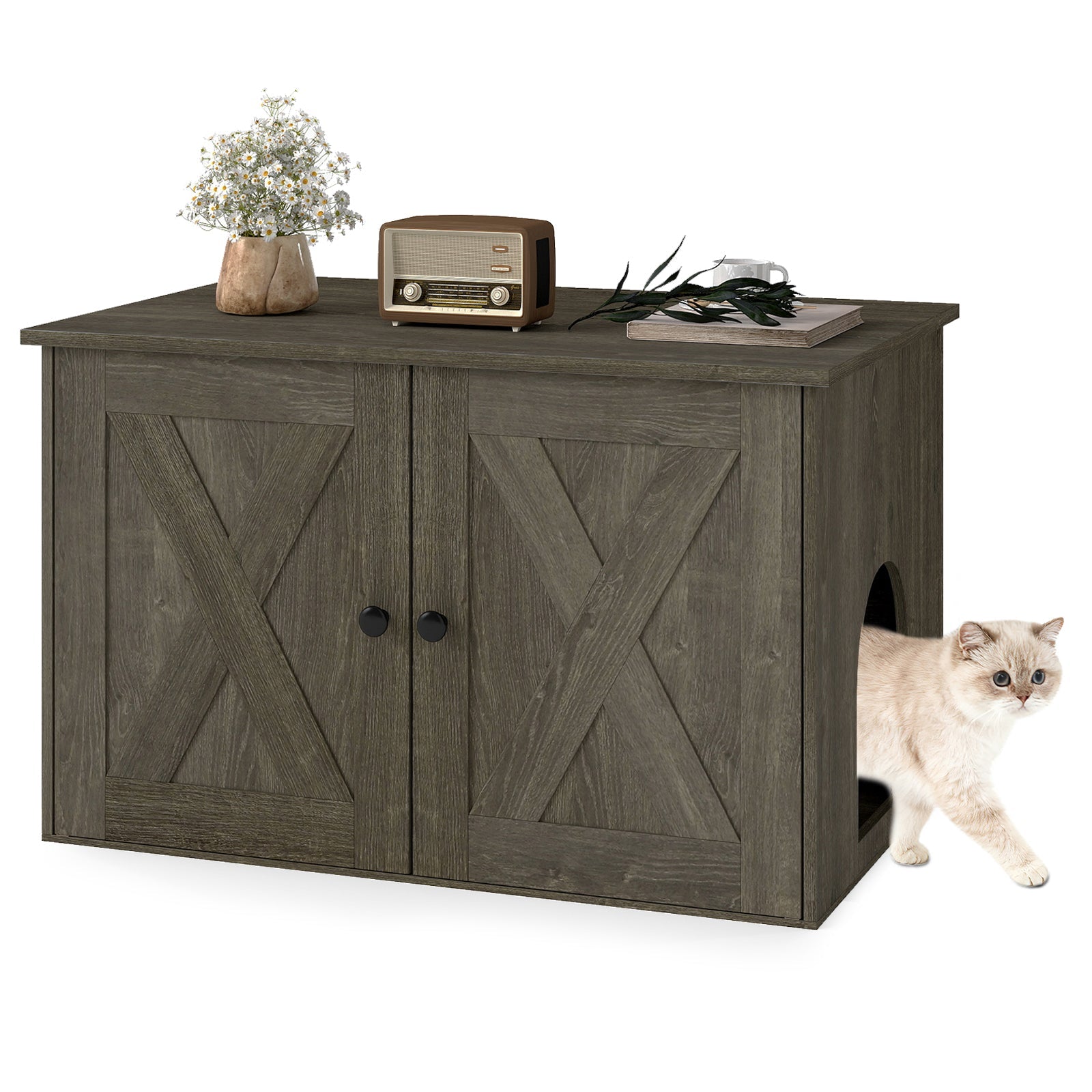 Hidden Cat Litter Box Enclosure Furniture with Divider-Oak Oak