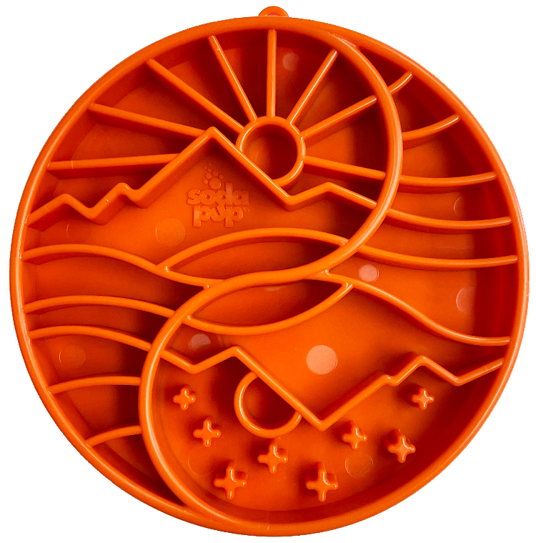 Sun and Moon eTray - Shallow Slow Feeder Dog Bowl for Enrichment | USA Made Orange Yin Yang etray