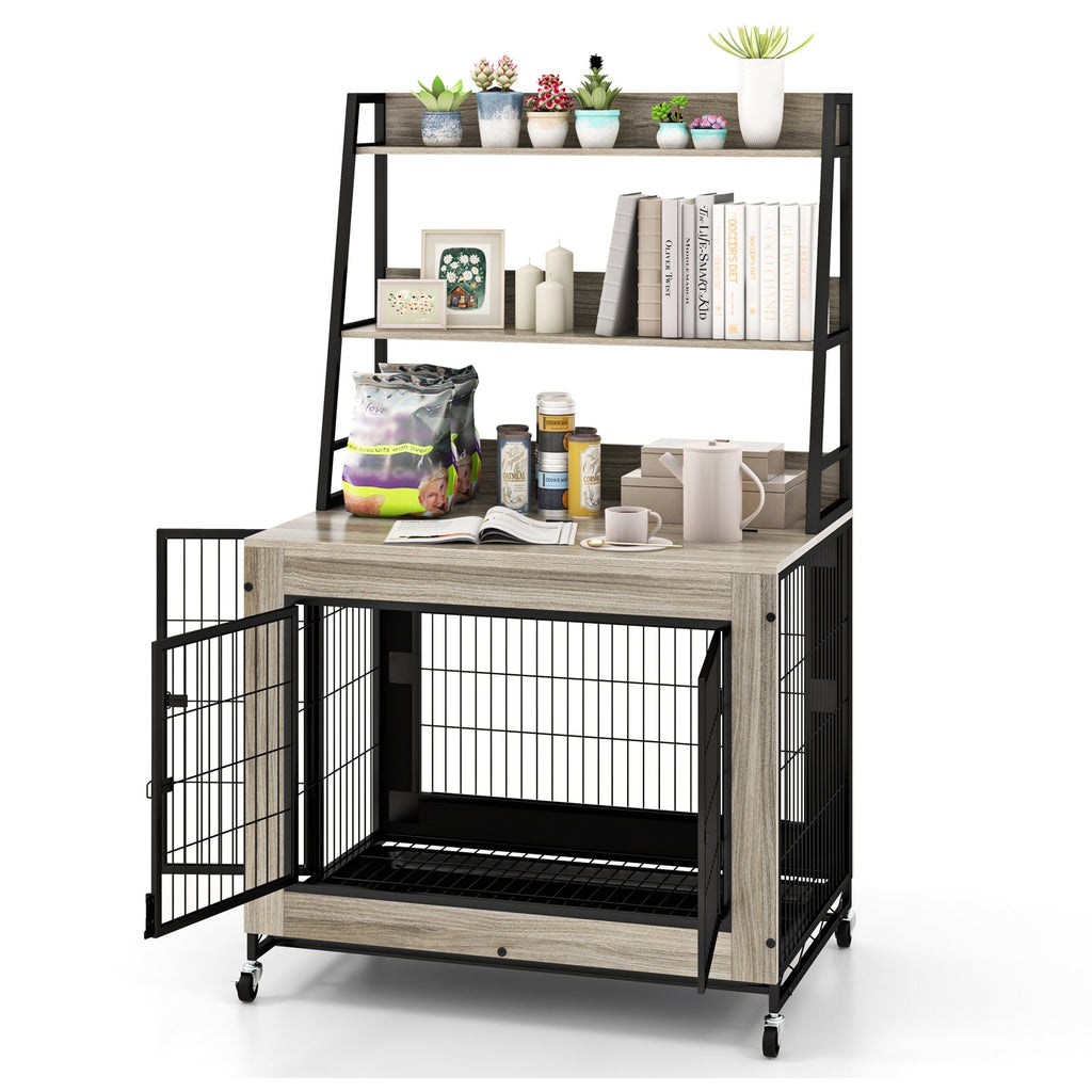 Industrial Dog Kennel Dog Crate Furniture with Storage Shelves Gray