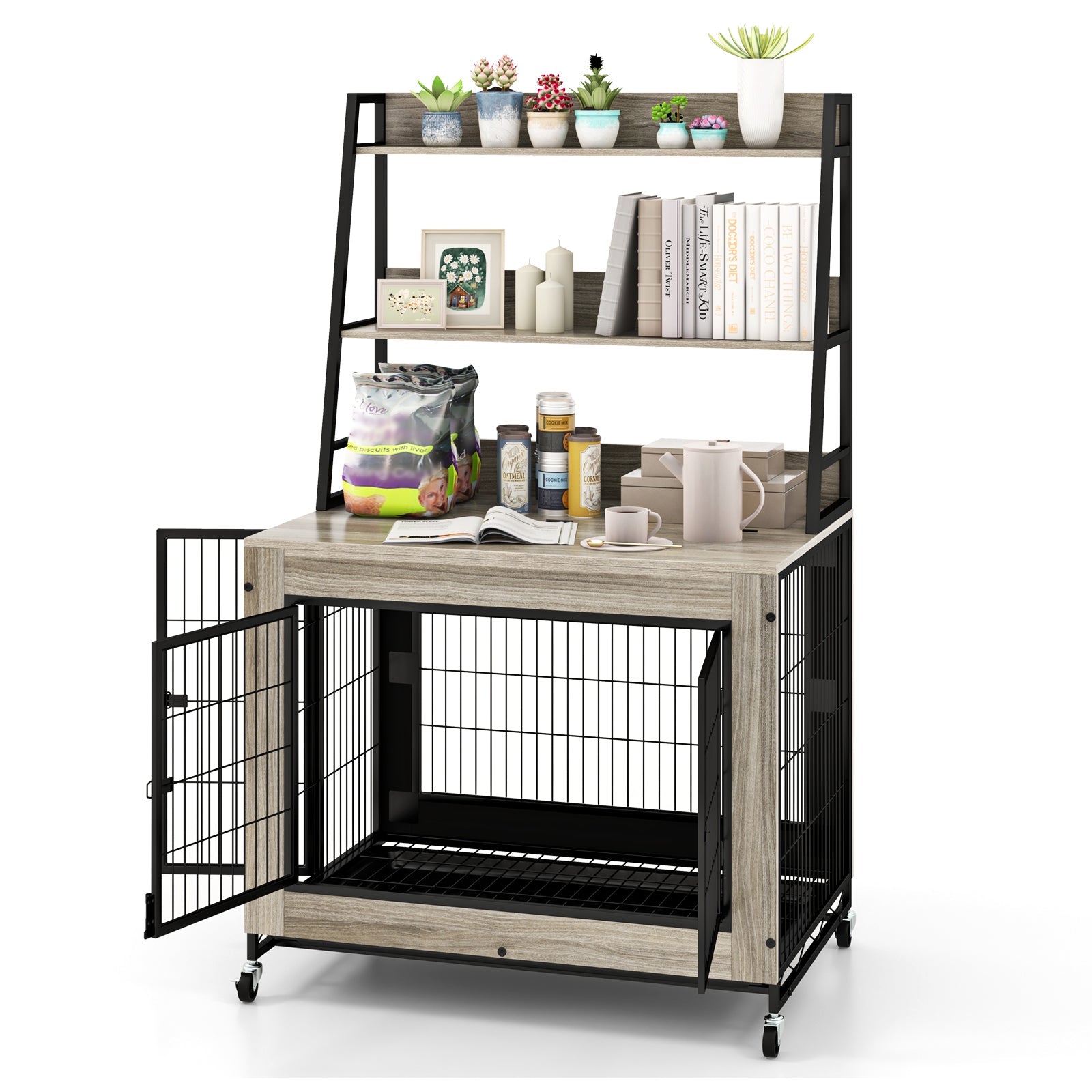 Industrial Dog Kennel Dog Crate Furniture with Storage Shelves Gray