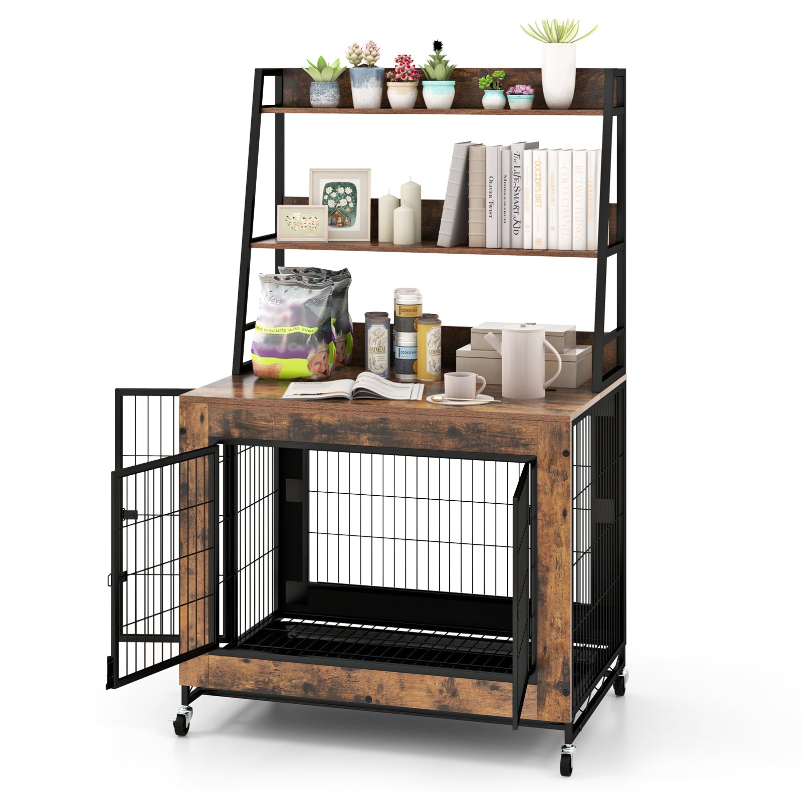 Industrial Dog Kennel Dog Crate Furniture with Storage Shelves Rustic Brown
