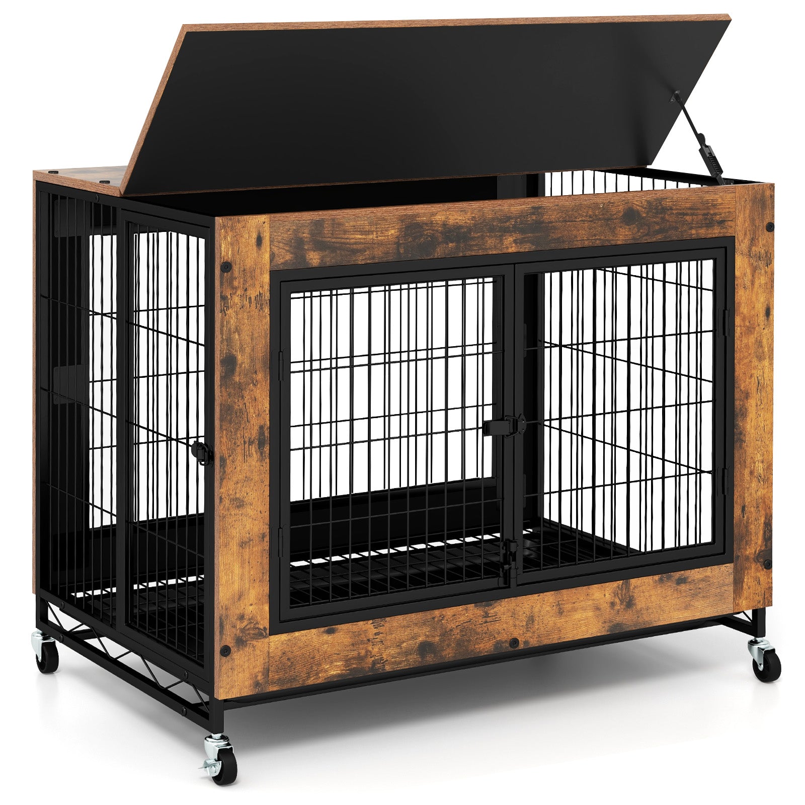 Industrial Dog Kennel with Flip-up Top 3 Lockable Doors and Removable Tray Rustic Brown