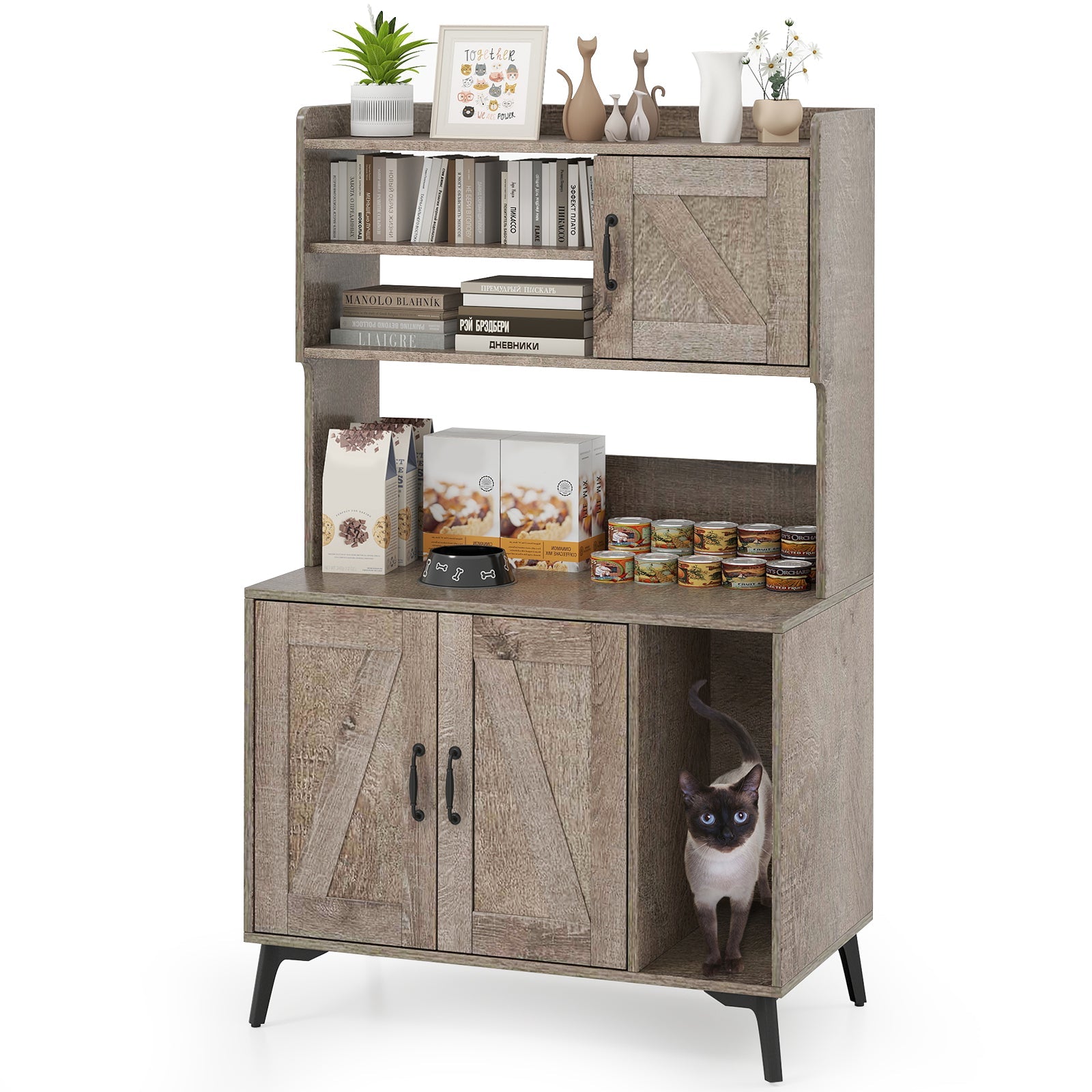Large Cat Litter Box Enclosure with Display Storage Shelves Oak