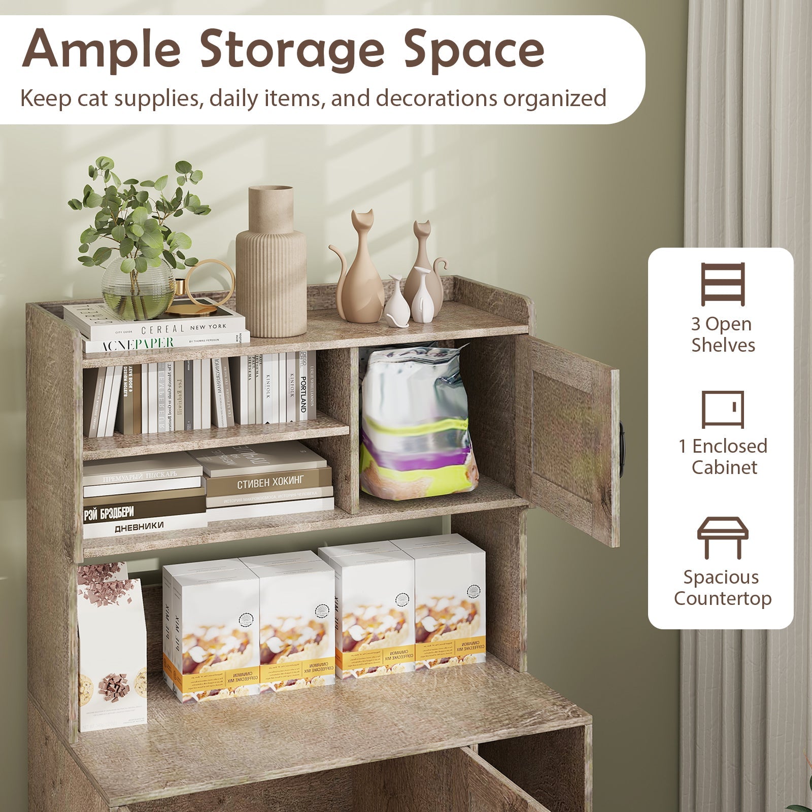 Large Cat Litter Box Enclosure with Display Storage Shelves