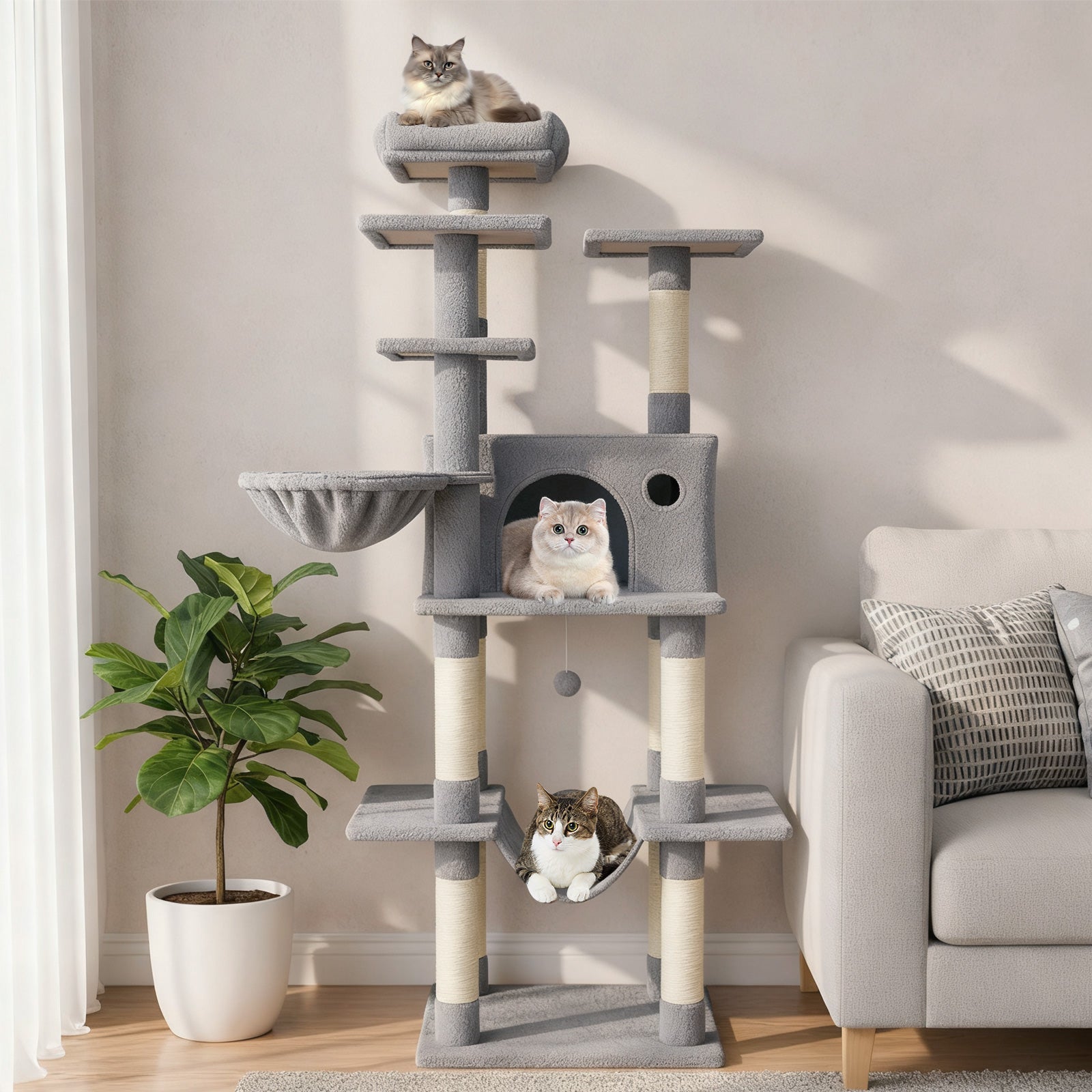 Large Cat Tree for Indoor Cats 63" Tall Cat Tower Gray