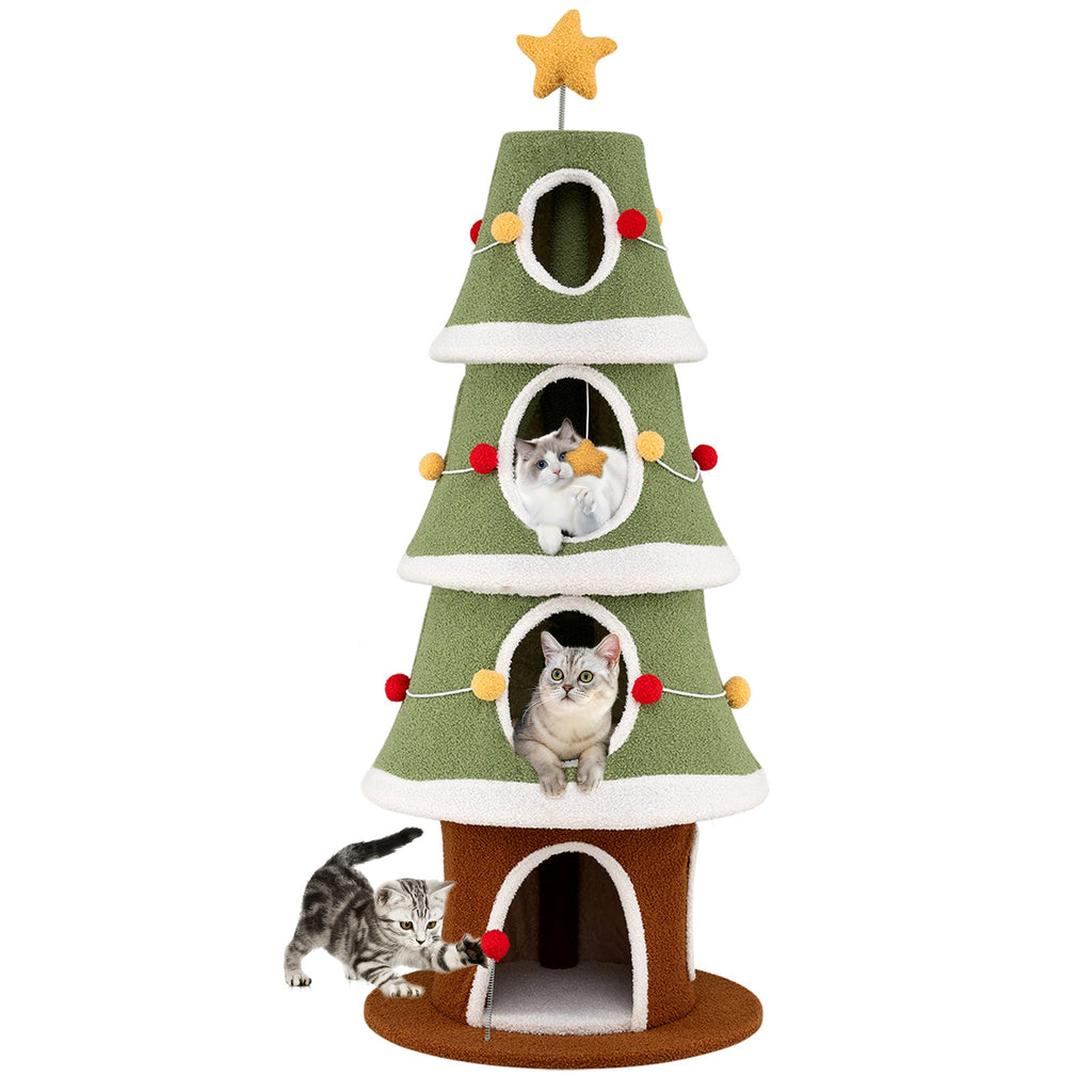 Large Christmas Cat Tree for Indoor Cats 61 Inch Cute Cat Tower with 4 Condos-Green Default Title