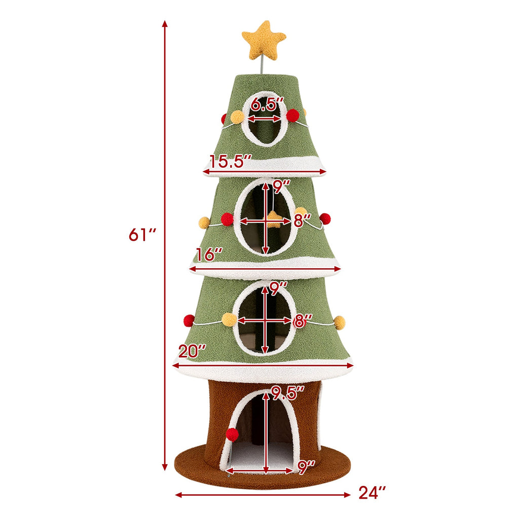 Large Christmas Cat Tree for Indoor Cats 61 Inch Cute Cat Tower with 4 Condos-Green