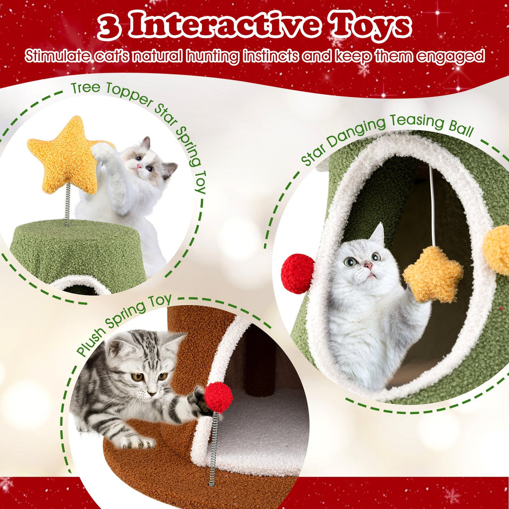 Large Christmas Cat Tree for Indoor Cats 61 Inch Cute Cat Tower with 4 Condos-Green
