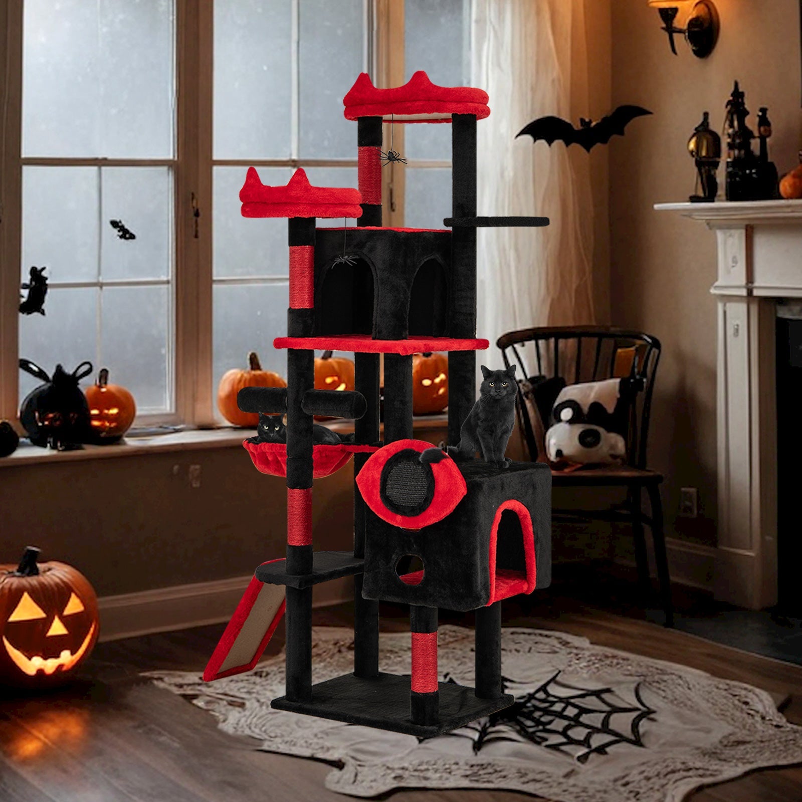 Large Gothic Cat Tree with Cat Condos and Plush Perches-Black & Red