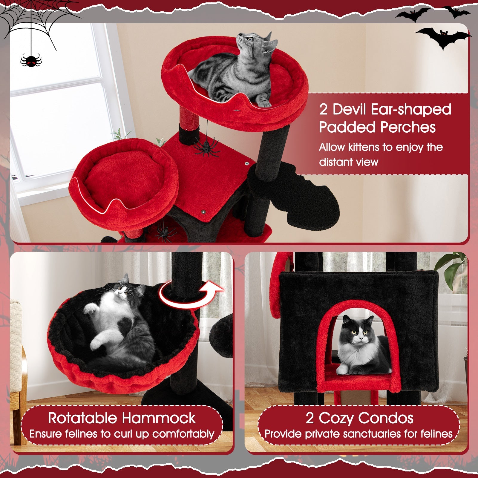Large Gothic Cat Tree with Cat Condos and Plush Perches-Black & Red