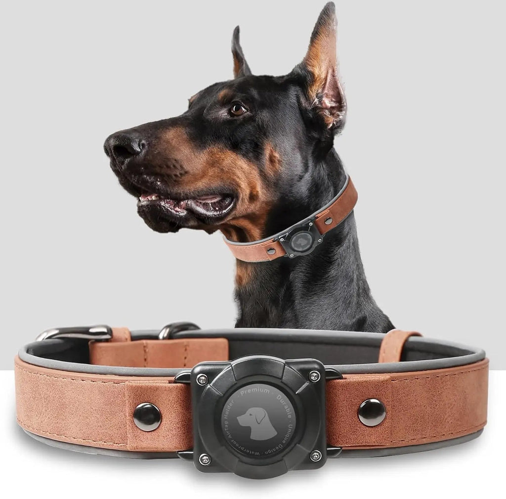 Leather AirTag Dog Collar with Built-In Holder, Reflective Adjustable Design Mahogany Brown M(12.5"-17.3")