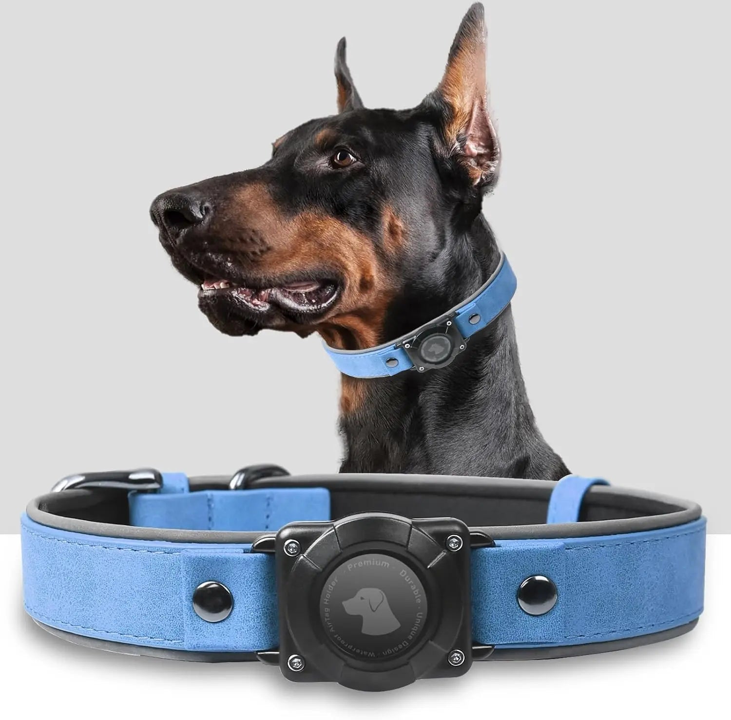 Leather AirTag Dog Collar with Built-In Holder, Reflective Adjustable Design Blue M(12.5"-17.3")