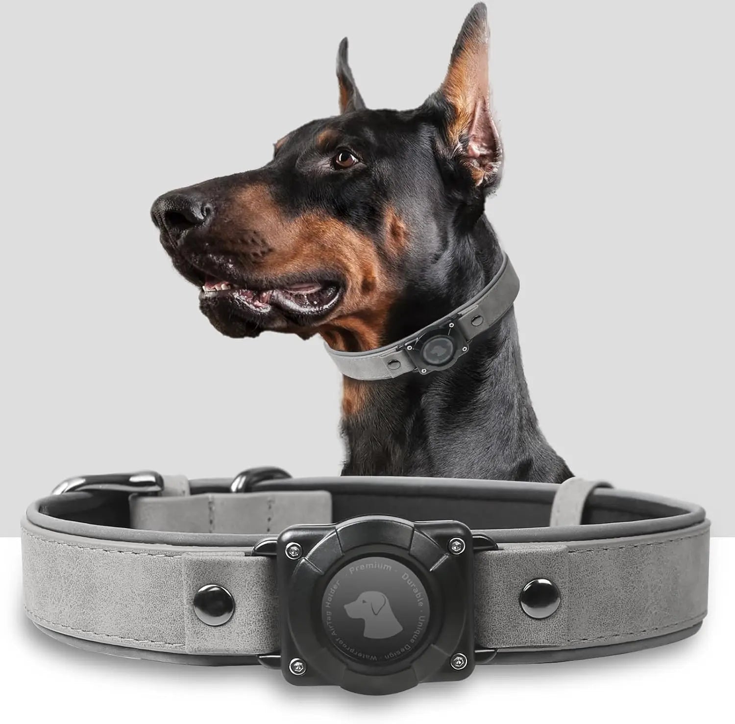 Leather AirTag Dog Collar with Built-In Holder, Reflective Adjustable Design Grey