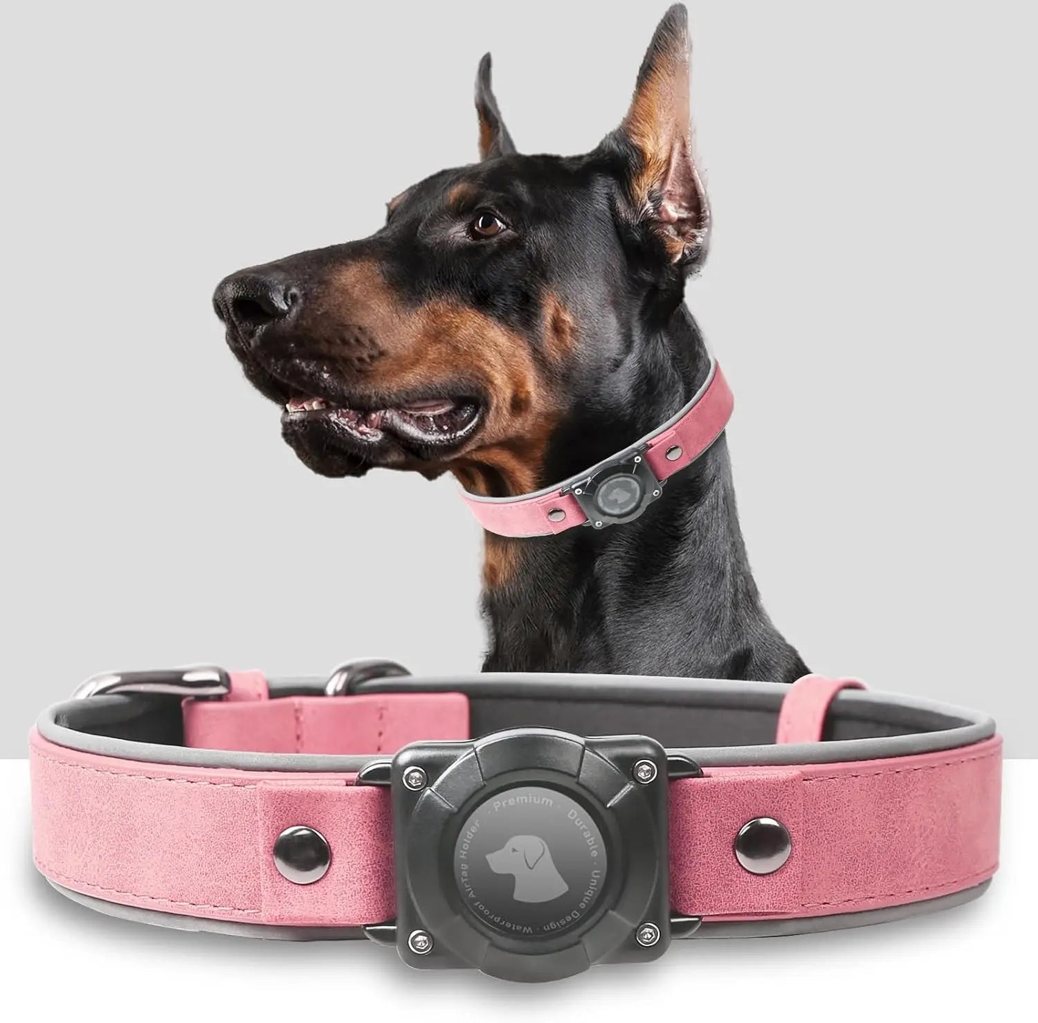 Leather AirTag Dog Collar with Built-In Holder, Reflective Adjustable Design Pink