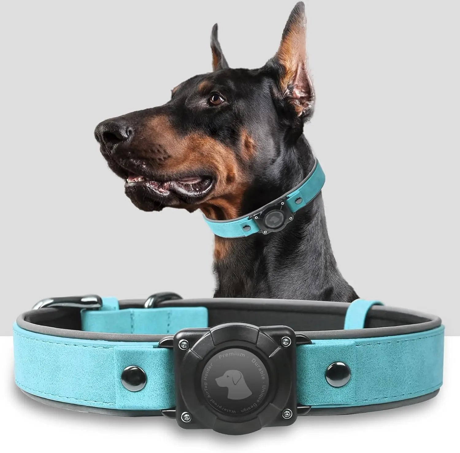 Leather AirTag Dog Collar with Built-In Holder, Reflective Adjustable Design Light Blue L(14"-19.5")