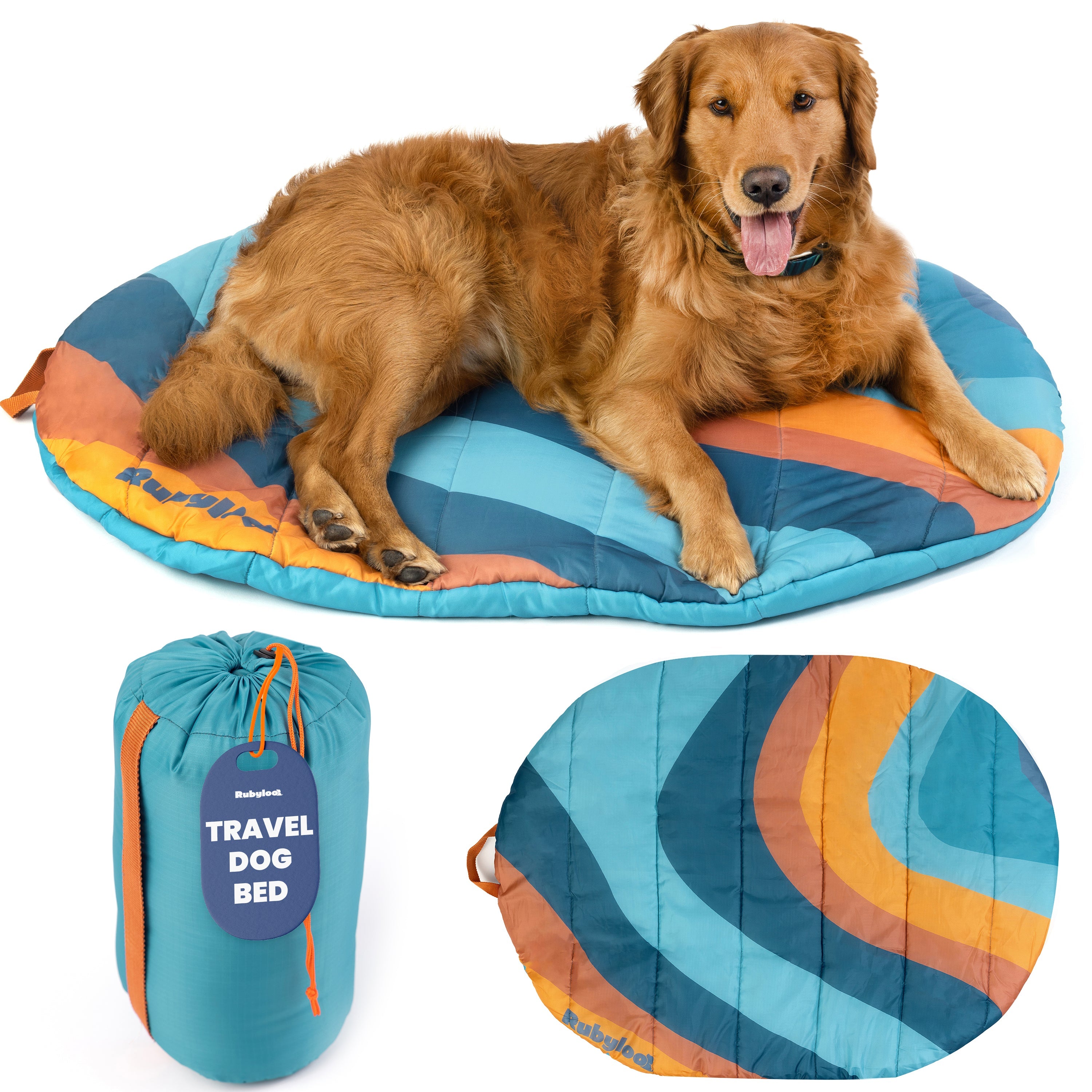 Travel Dog Bed - Foldable & Packable for Travel, Road Trip, Camping Sunset Surf Teal Large