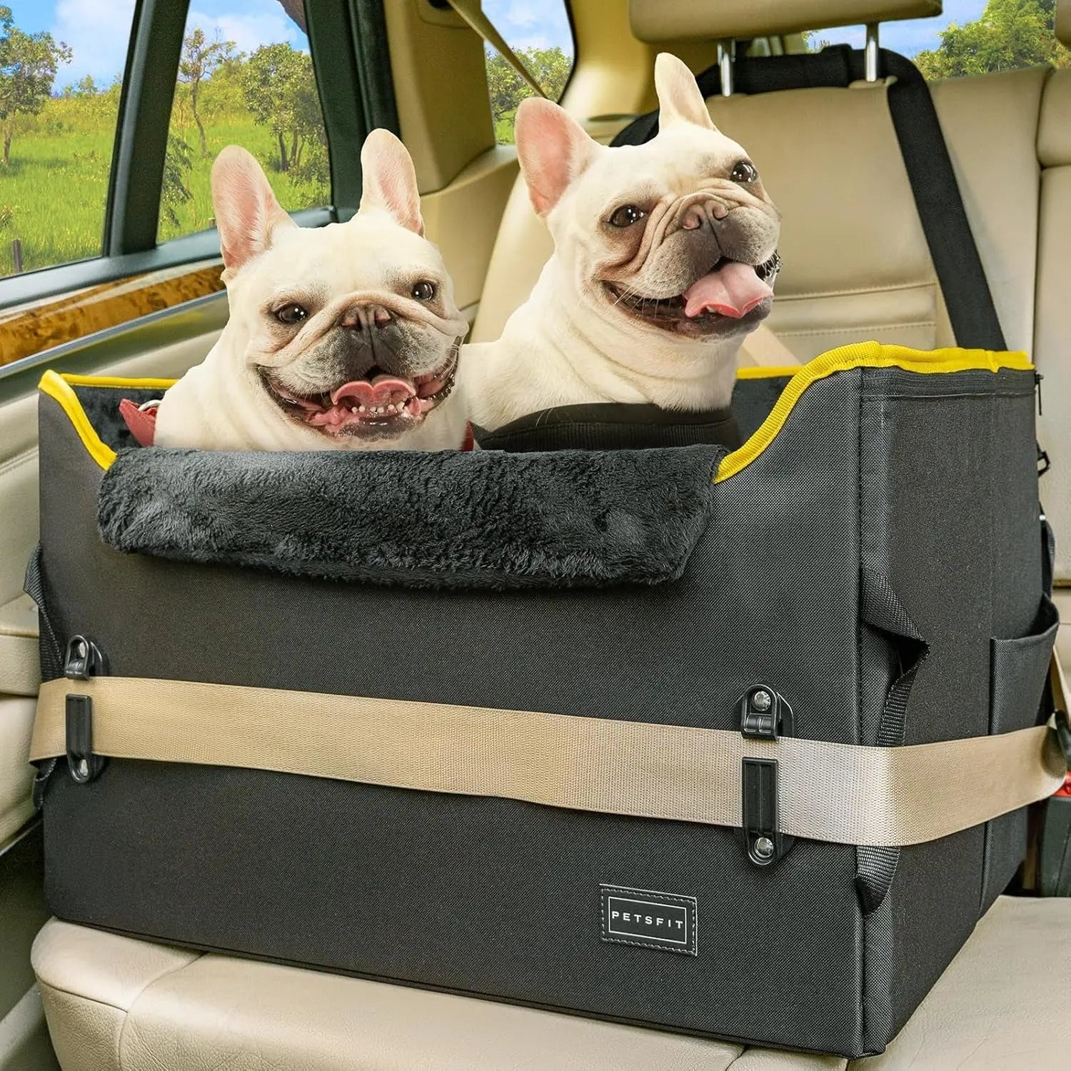 Luxury Dog Booster Car Seat Waterproof PU Leather Safe Buckles Dual Leash Black Oxford Cloth