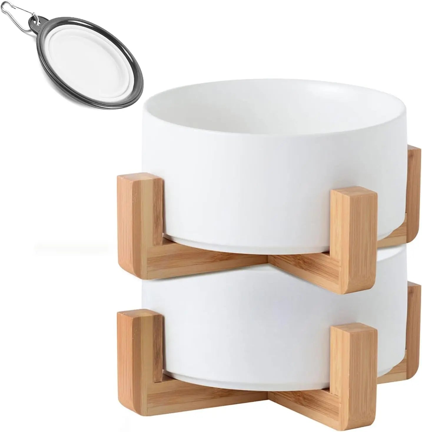 Modern Ceramic Cat & Dog Bowl Set with Wood Stand, Non-Slip, Set of 2 White