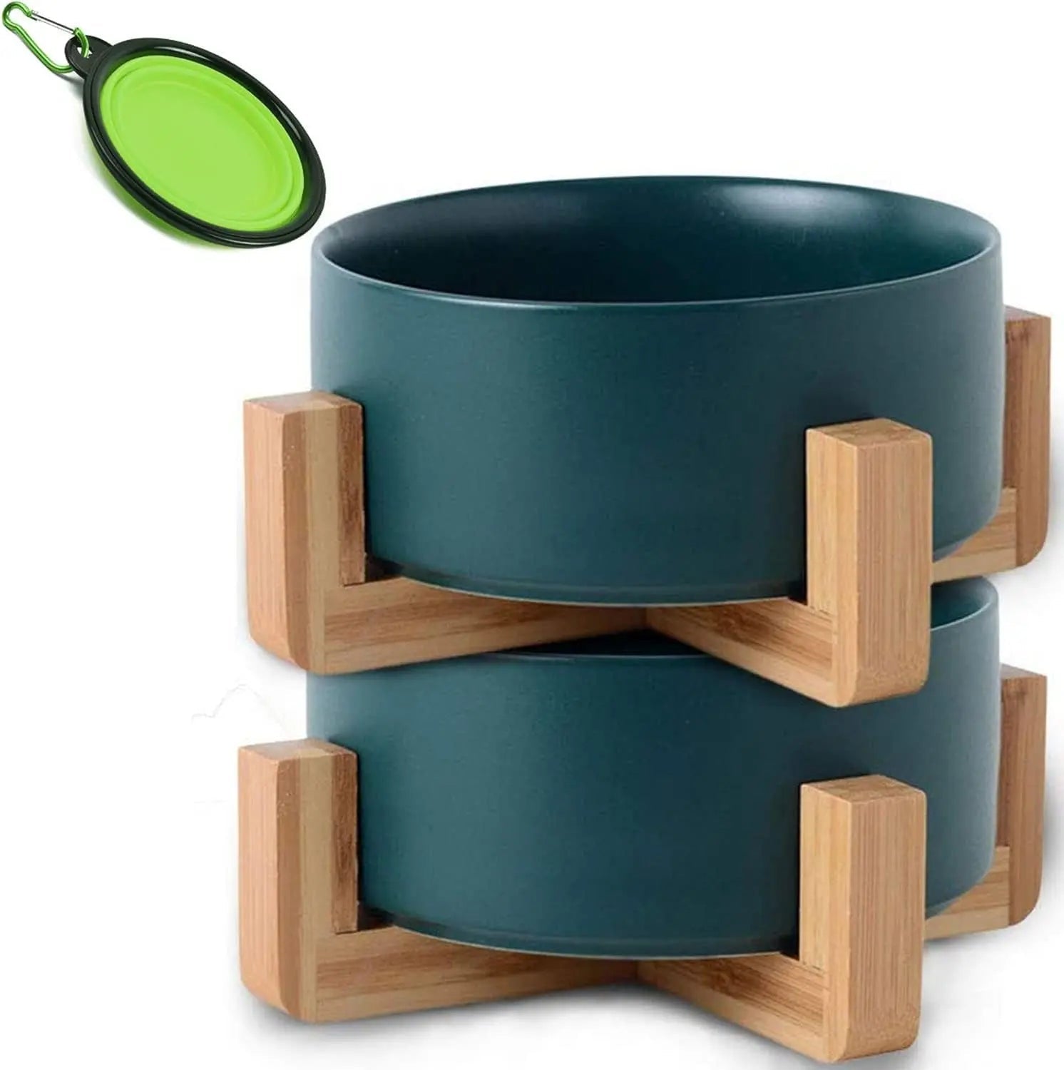 Modern Ceramic Cat & Dog Bowl Set with Wood Stand, Non-Slip, Set of 2 Deep Green Medium Size Dog Bowls 850Ml*2