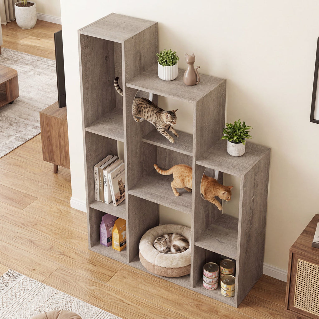 Modern Cat Bookshelf Cat Tree 8-Section Storage Cabinet with 2 Round Holes