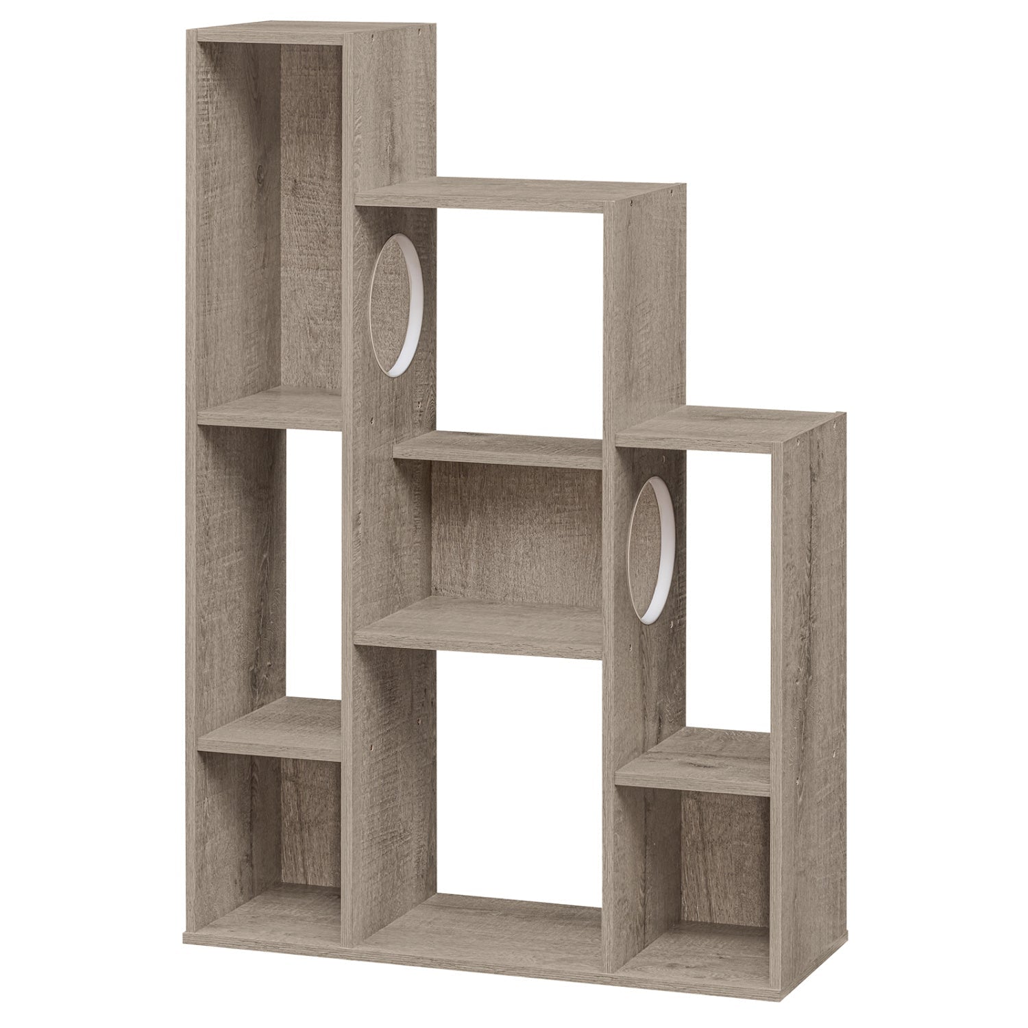 Modern Cat Bookshelf Cat Tree 8-Section Storage Cabinet with 2 Round Holes Gray Oak