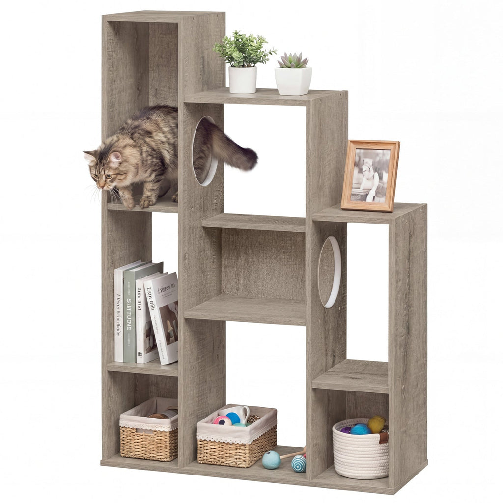 Modern Cat Bookshelf Cat Tree 8-Section Storage Cabinet with 2 Round Holes