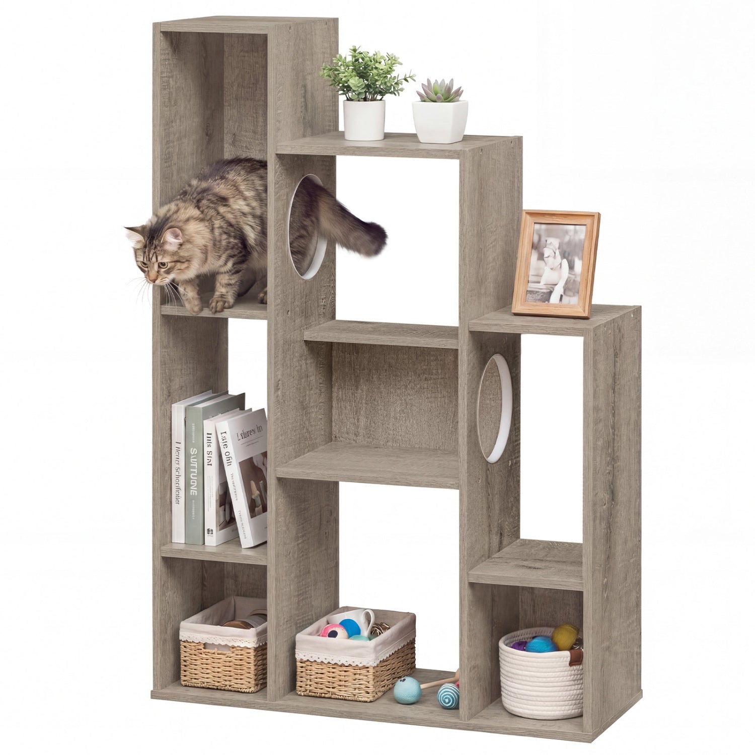 Modern Cat Bookshelf Cat Tree 8-Section Storage Cabinet with 2 Round Holes