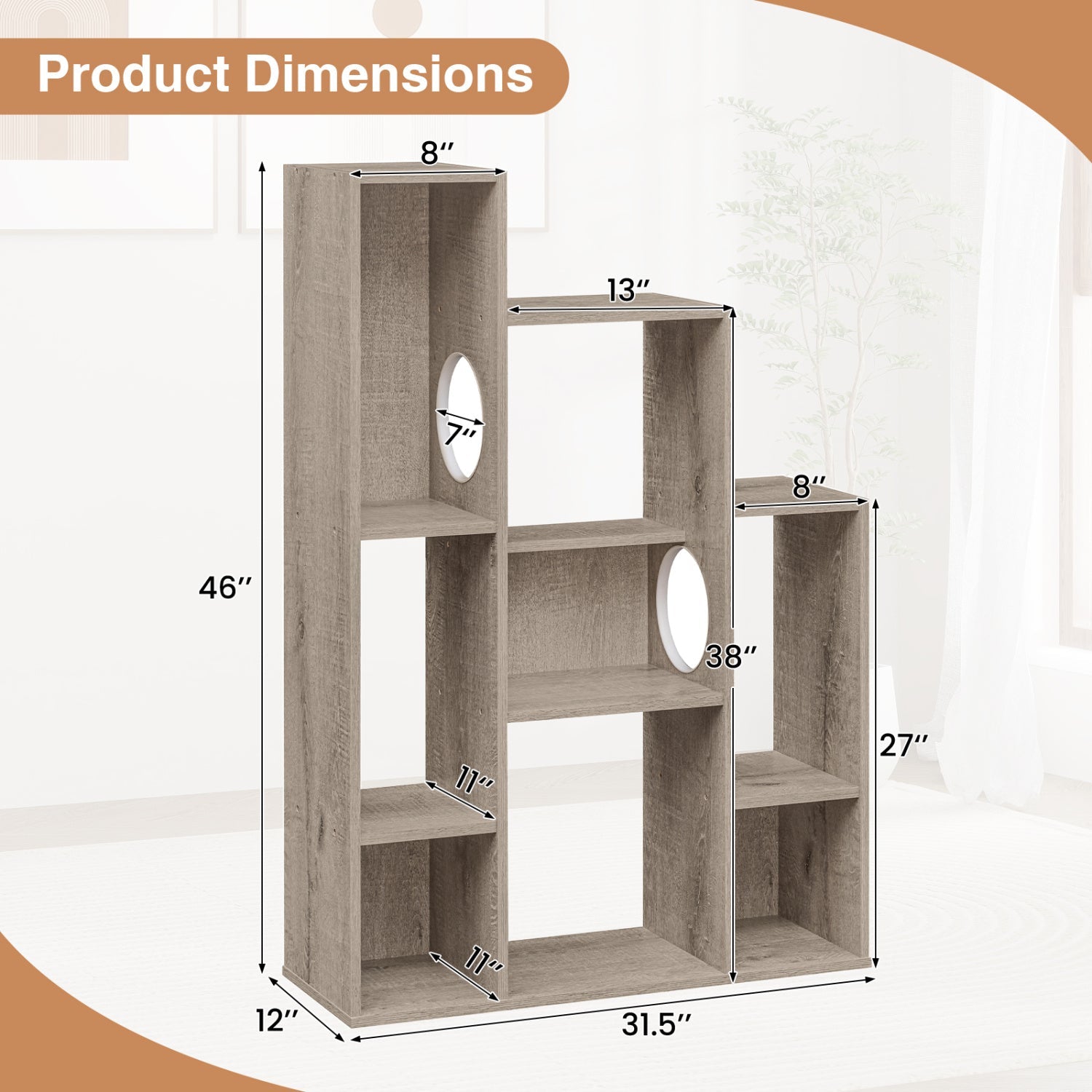 Modern Cat Bookshelf Cat Tree 8-Section Storage Cabinet with 2 Round Holes