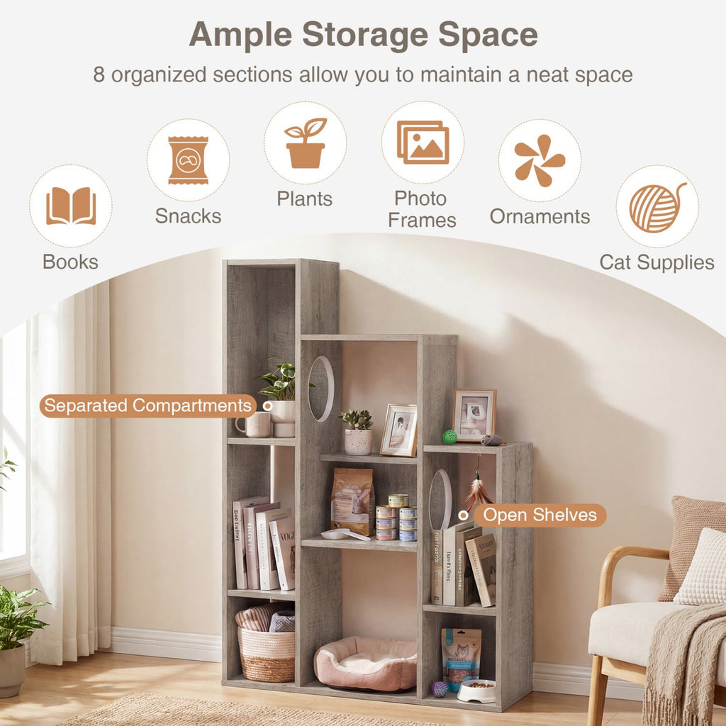 Modern Cat Bookshelf Cat Tree 8-Section Storage Cabinet with 2 Round Holes