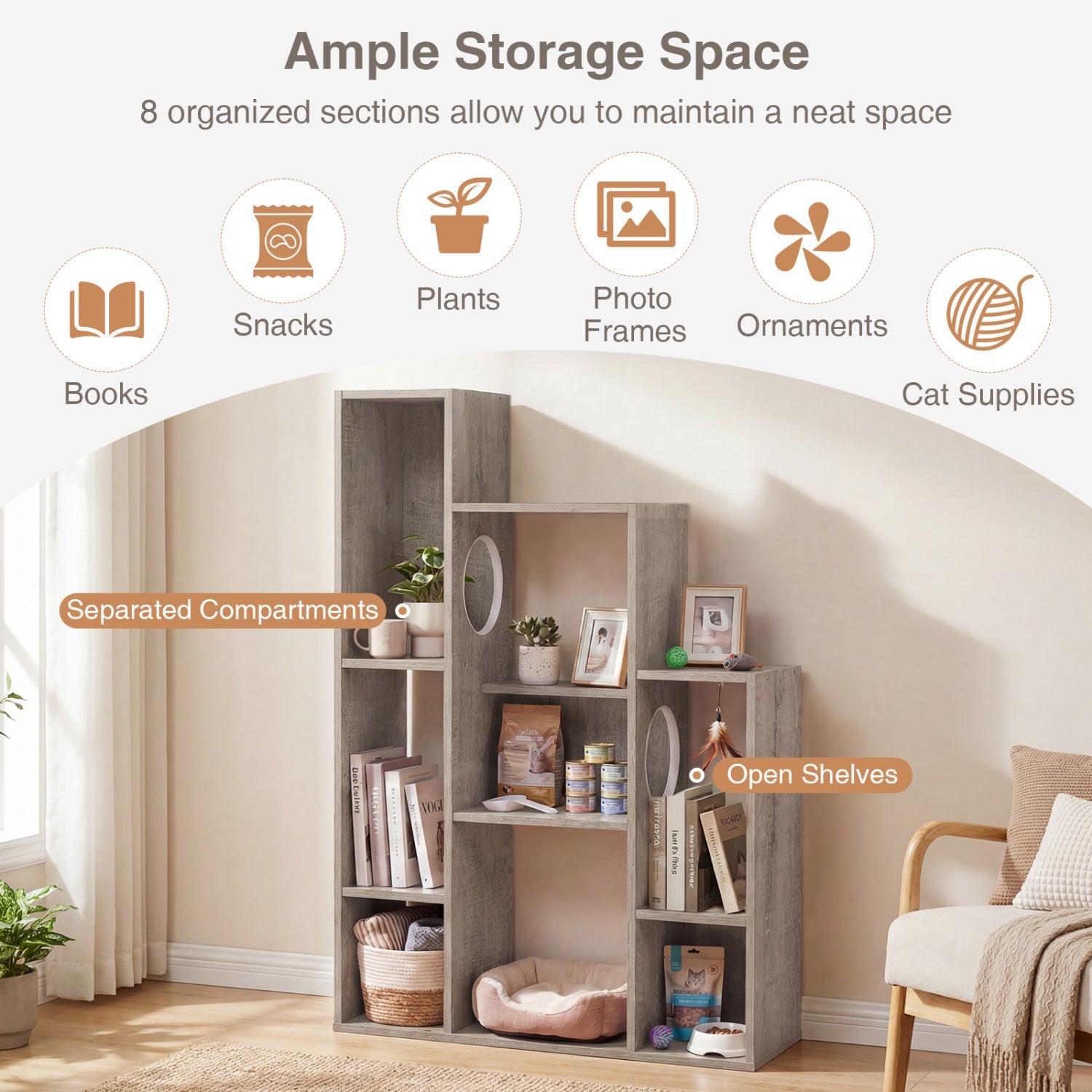 Modern Cat Bookshelf Cat Tree 8-Section Storage Cabinet with 2 Round Holes
