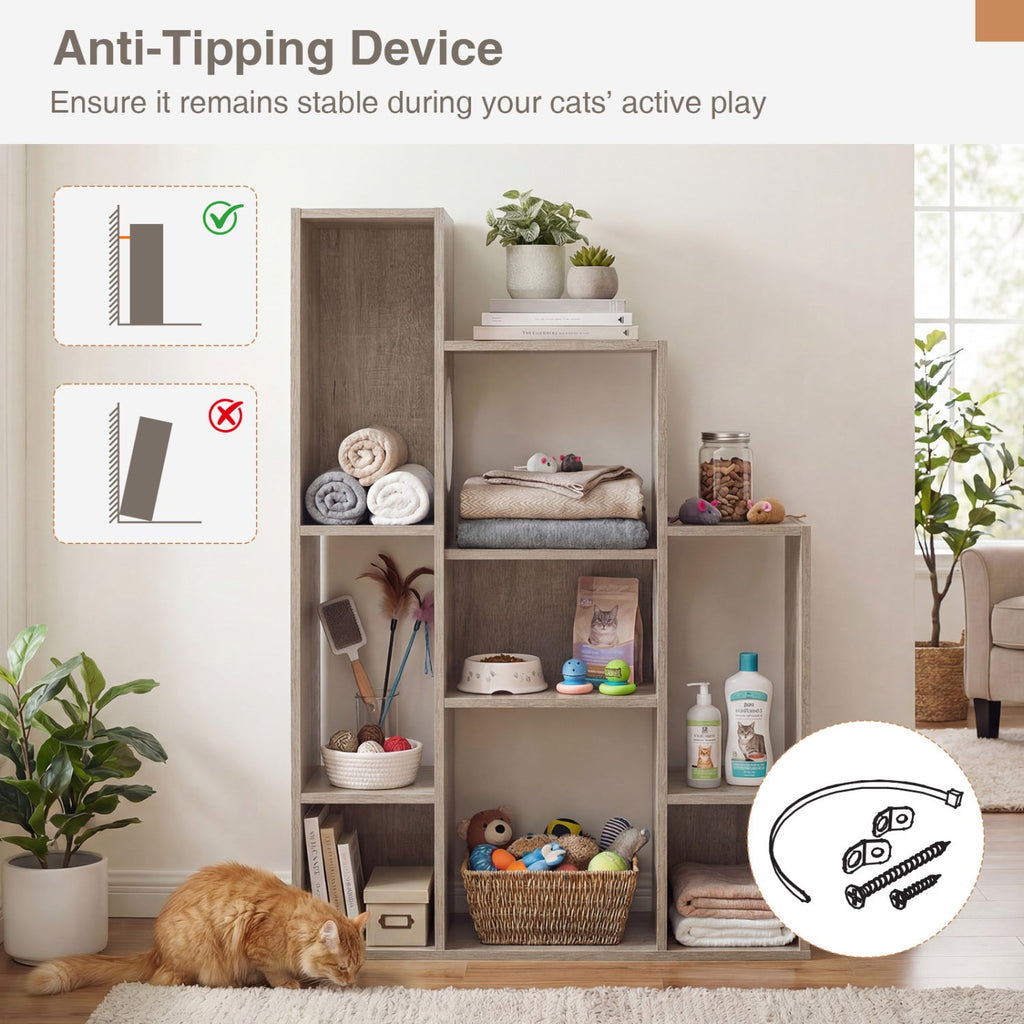 Modern Cat Bookshelf Cat Tree 8-Section Storage Cabinet with 2 Round Holes
