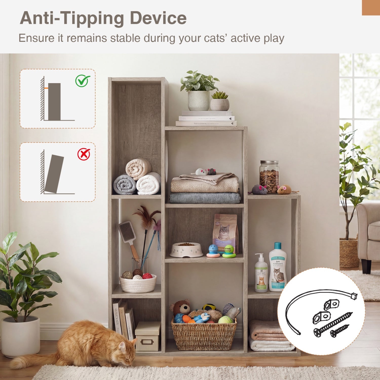 Modern Cat Bookshelf Cat Tree 8-Section Storage Cabinet with 2 Round Holes